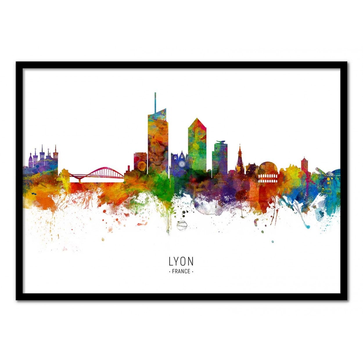 Art-poster - lyon france skyline (colored version) - michael tompsett - con marco negro 30 x 40 cm