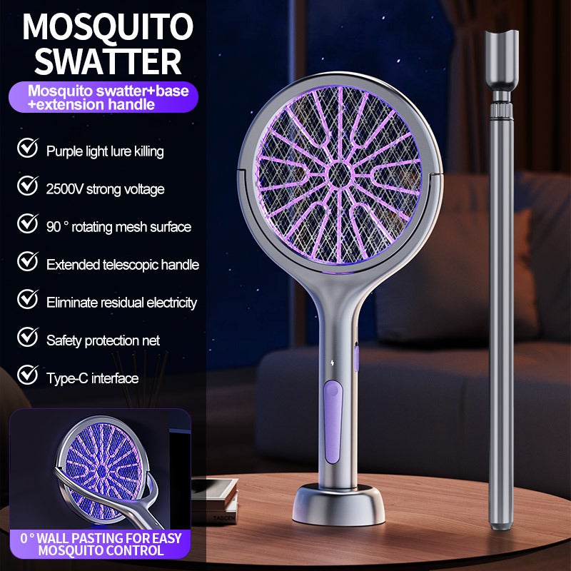 Racquette anti-moustiques électrique télescopique rechargeable 2500V UV avec socle - 2