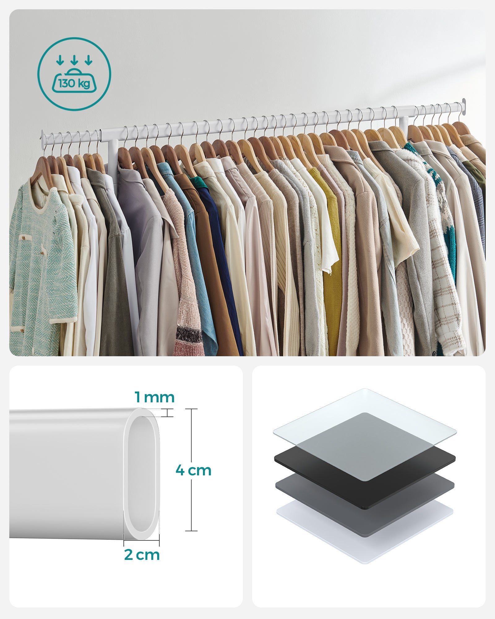Portant à Vêtements avec Roulettes, Tringle Extensible pour Charge Lourde, Capacité de Charge 130kg, Porte-manteau pour Vêtements, en Métal, Blanc Mat - 4