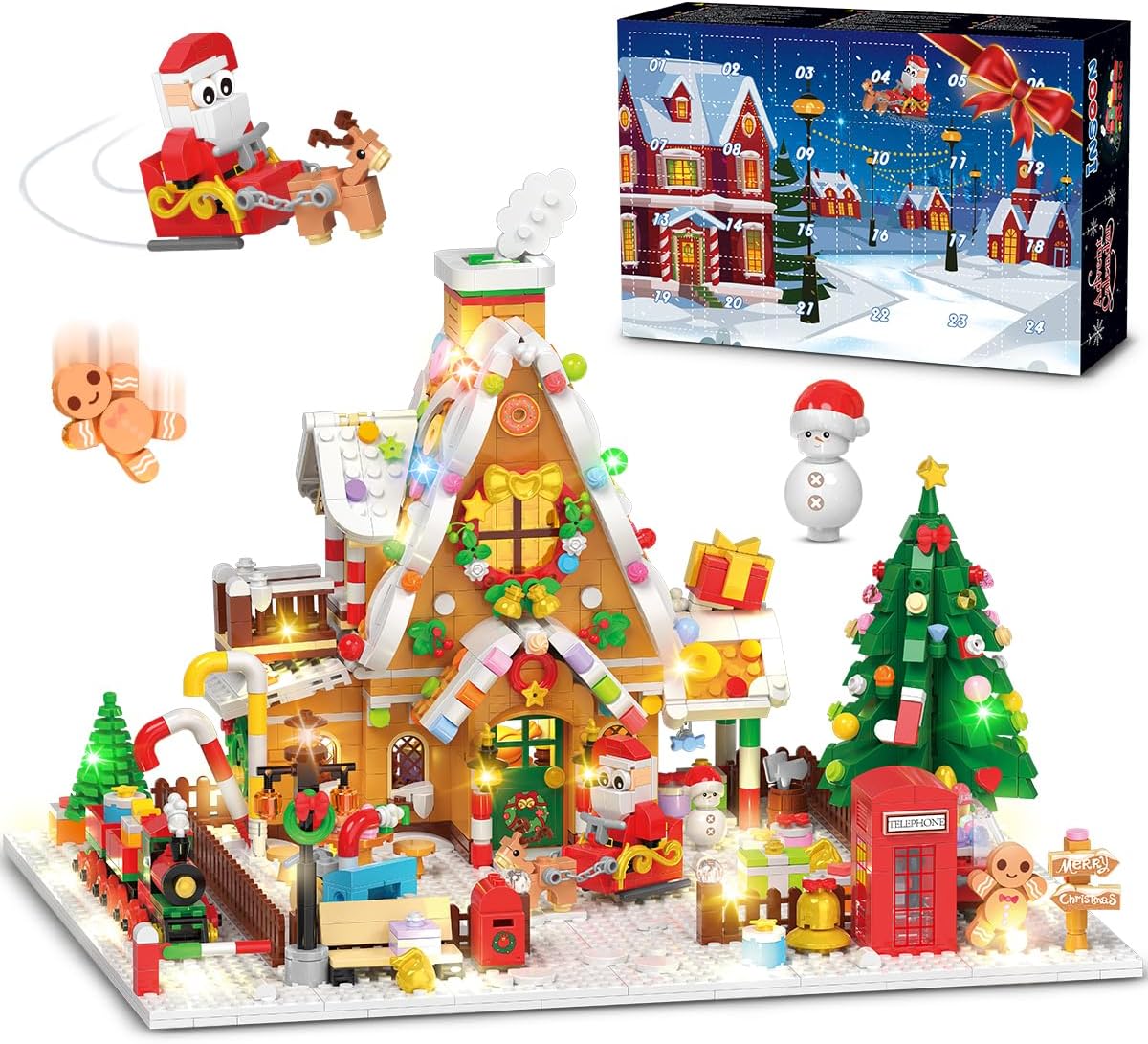 Calendrier De L'Avent 2025 Construction Pain D'épice - 24 Boîtes, Village Avec Lumières, Train, Père Noël