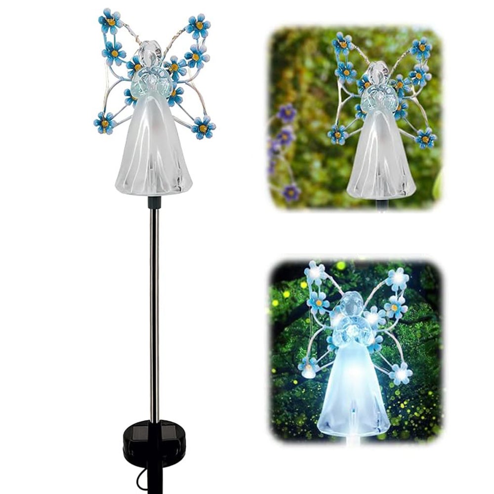 Niebieskie słoneczne światła LED na paliku ogrodowym anioła, do dekoracji cmentarza, prezentów pamiątkowych, świątecznego podwórka