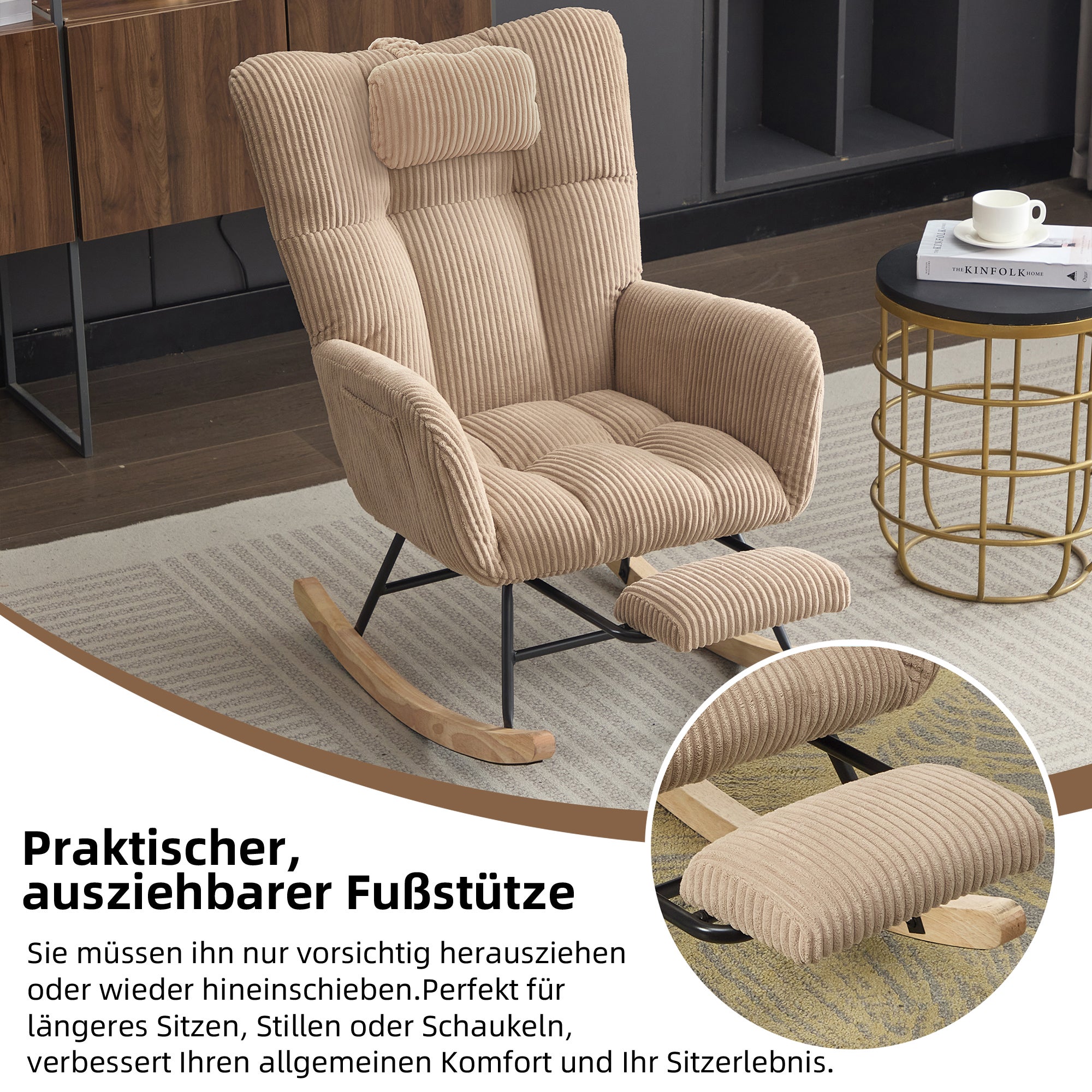 Fotel bujany z regulowanym podnóżkiem i podłokietnikami - 102 x 65 x 92 cm - Sztruks - Brązowy - 8