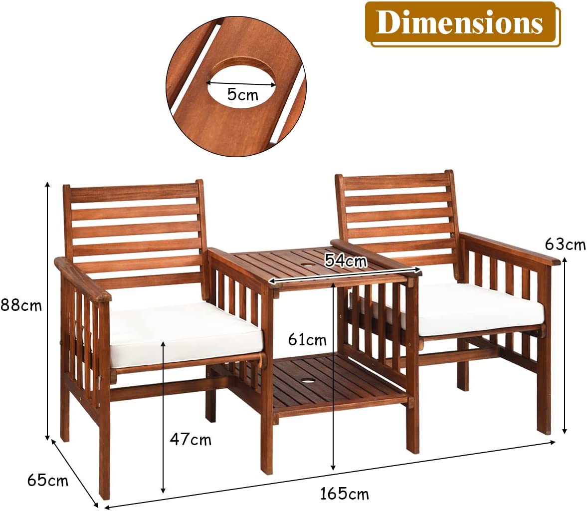 Set Tavolo e Sedia da Giardino con Foro per Ombrello, Set di Mobili a 2 Posti da Esterno in Legno di Acacia con Cuscini, per Giardino, Cortile - 4