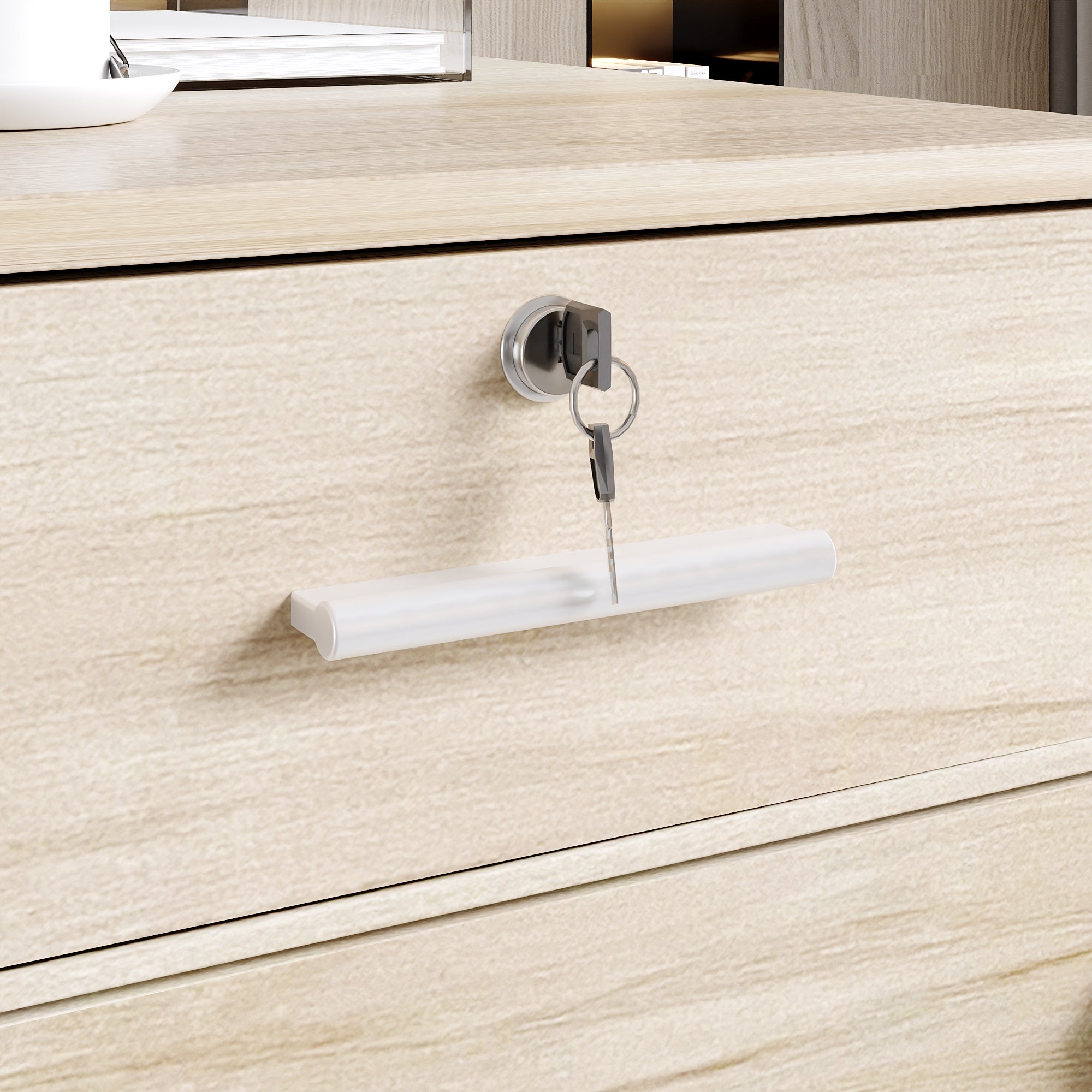 Comptoir de réception avec compartiments ouverts Tiroir verrouillable étagères Salon Bureau Bois&Blanc 140x60x110cm - 5