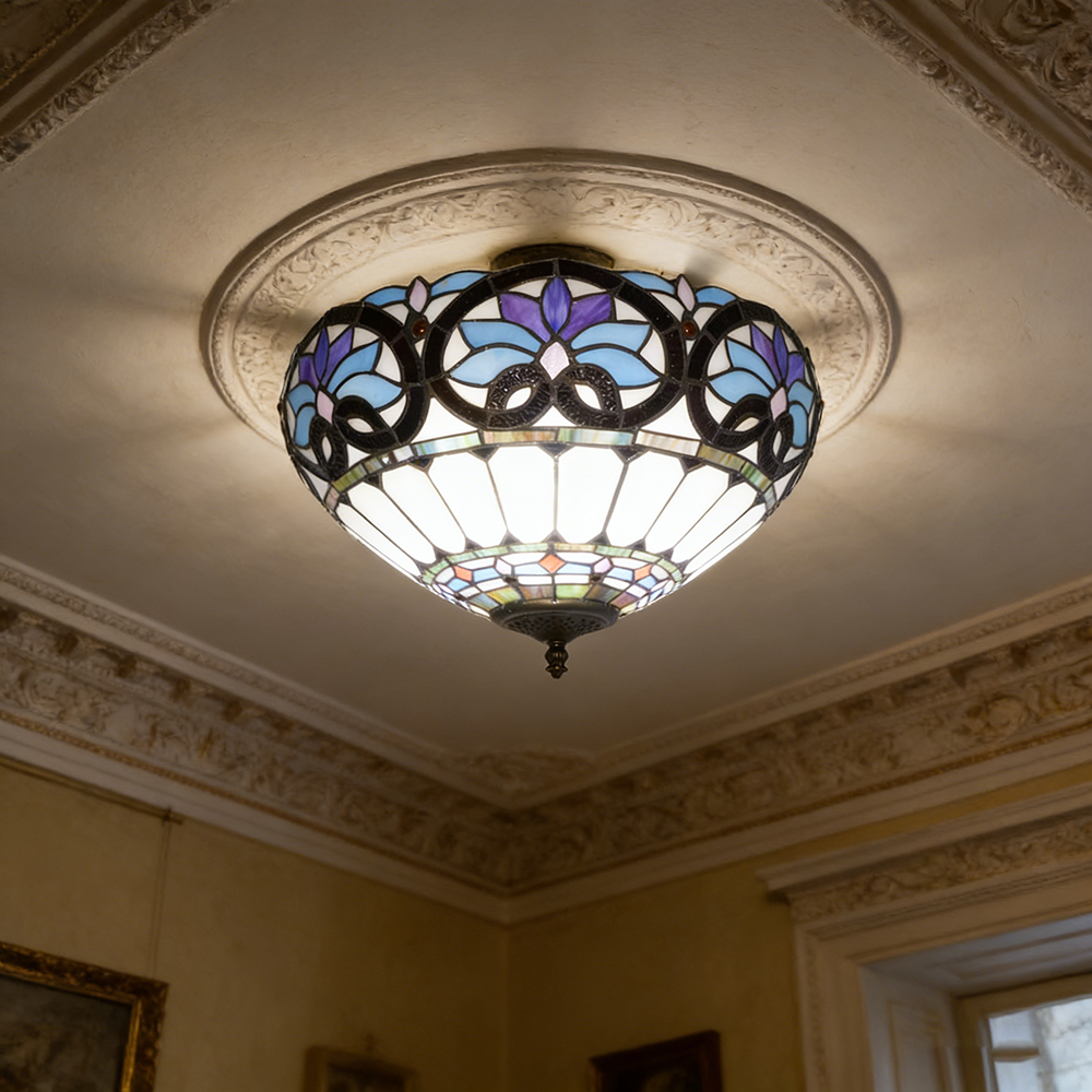 Plafonnier Tiffany, Lustre encastré, Suspension en verre, Éclairage d'entrée LED, Lampadaire LED rétro, φ40 cm (ampoule non incluse) - 5