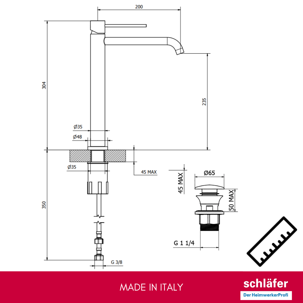 Schläfer 28505013 | Miscelatore Monocomando per Lavabo Alto Bagno serie Fonte25 con Scarico click-clack 1