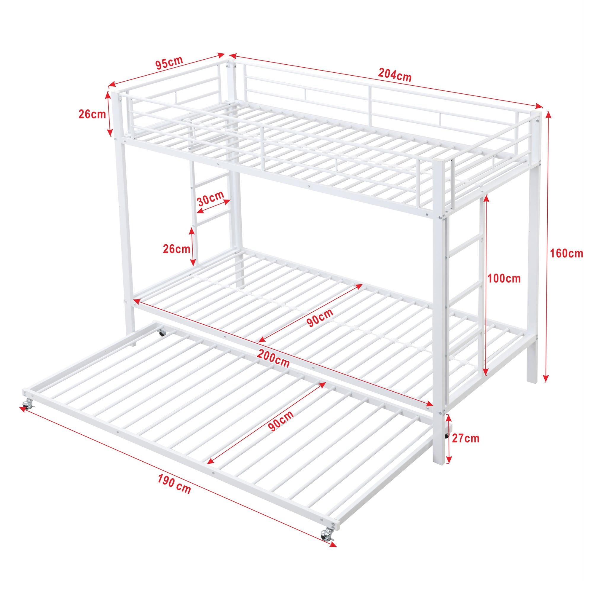 Letto a castello 90 x 200 cm, letto con struttura in ferro, letto per bambini, dotato di letto estraibile, sponde alte, costruzione robusta, bianco - 6