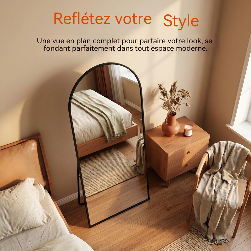 KEFSR Miroir sur Pied Arqué 162 x 53cm,Miroir Mural avec Support,Cadre en Alliage d’Aluminium,Verre Trempé,Grand Miroir pour Chambre,Salon(Noir) - 5