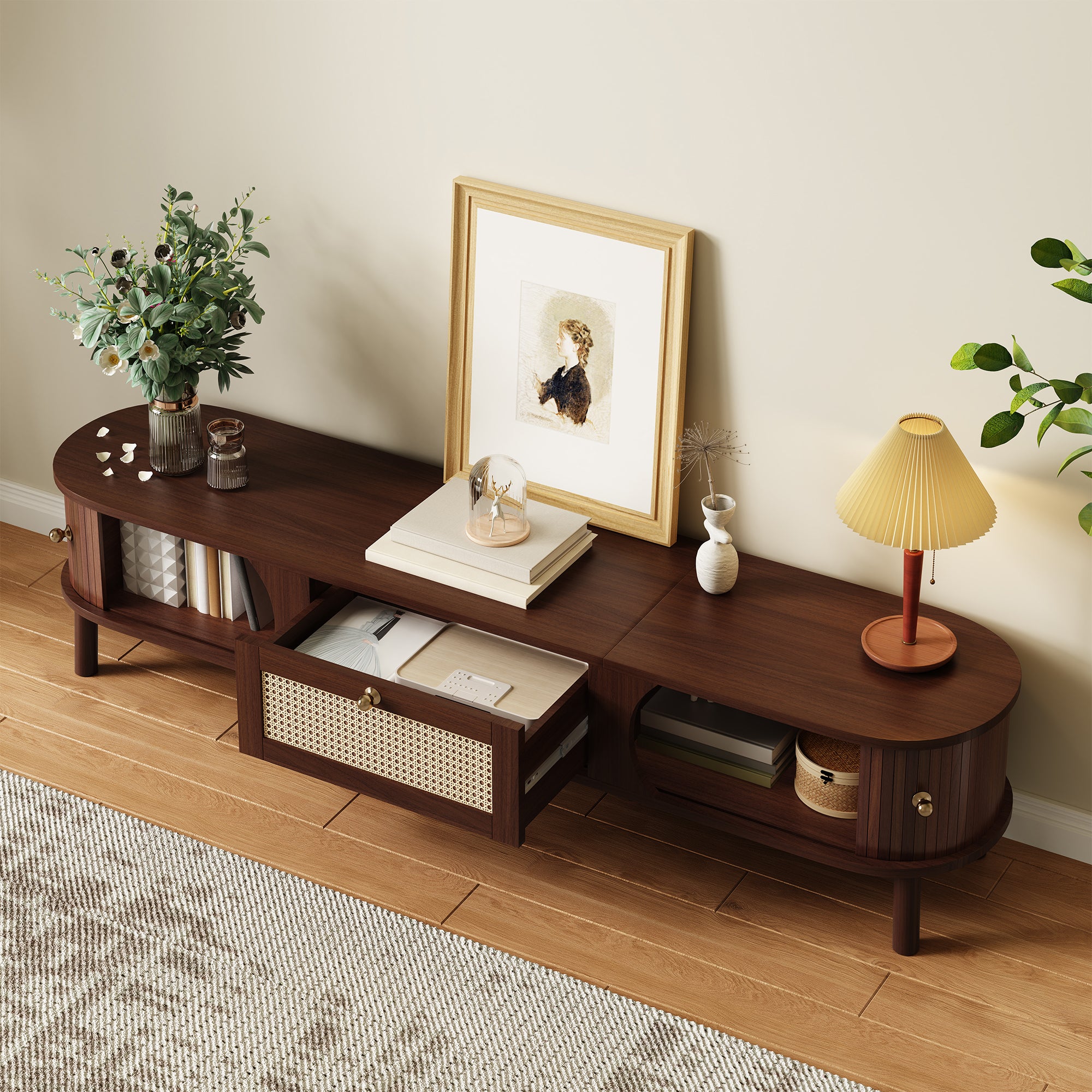 Meuble TV avec 2 portes coulissantes en rotin et un tiroir - 170 x 39.5 x 38 cm - Panneau de particules - Naturel - 6