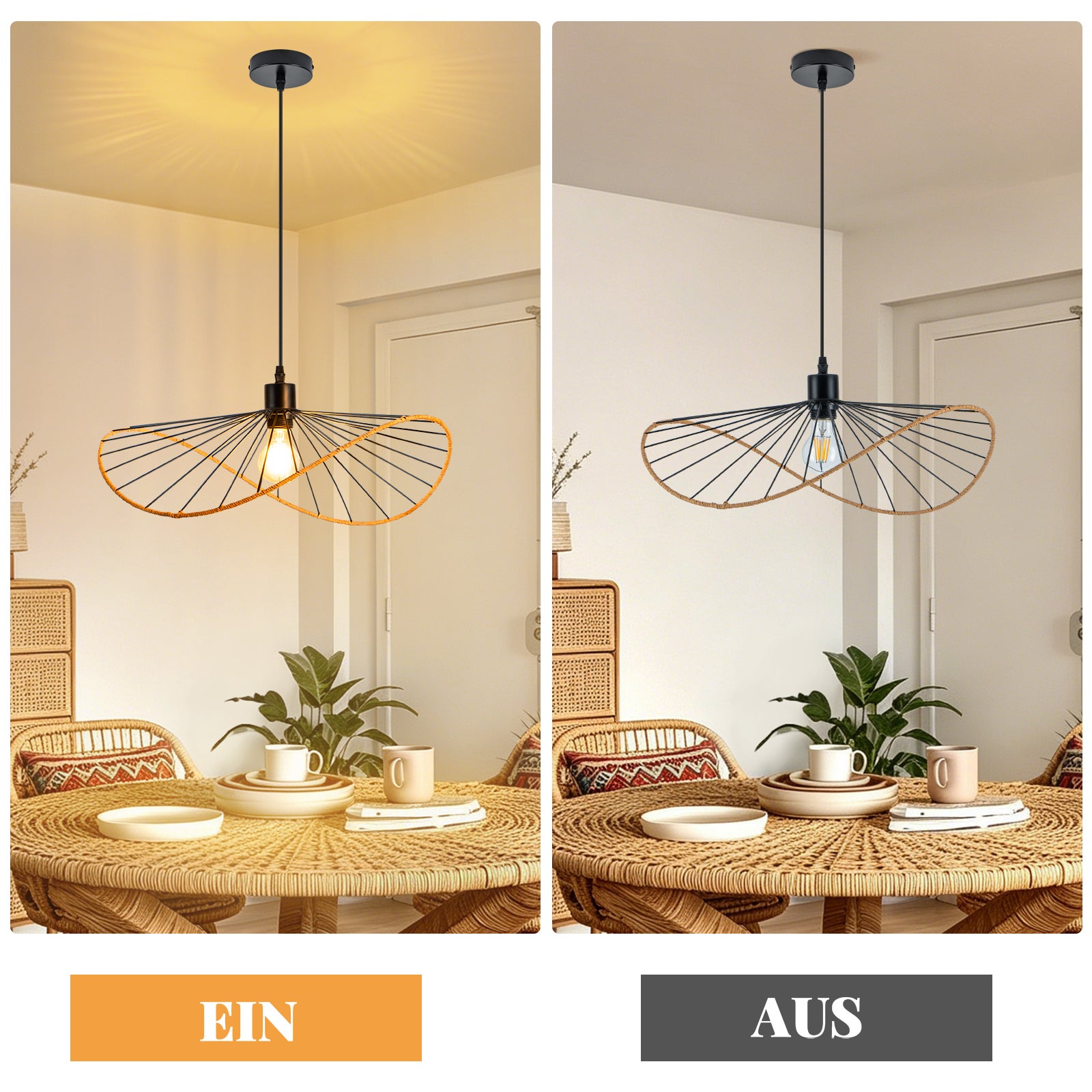 Lámpara colgante Nettlife Boho negra de 50 cm de diámetro - Lámpara de araña vintage de metal E27 - Lámpara para salón, (bombilla no incluida) - 6