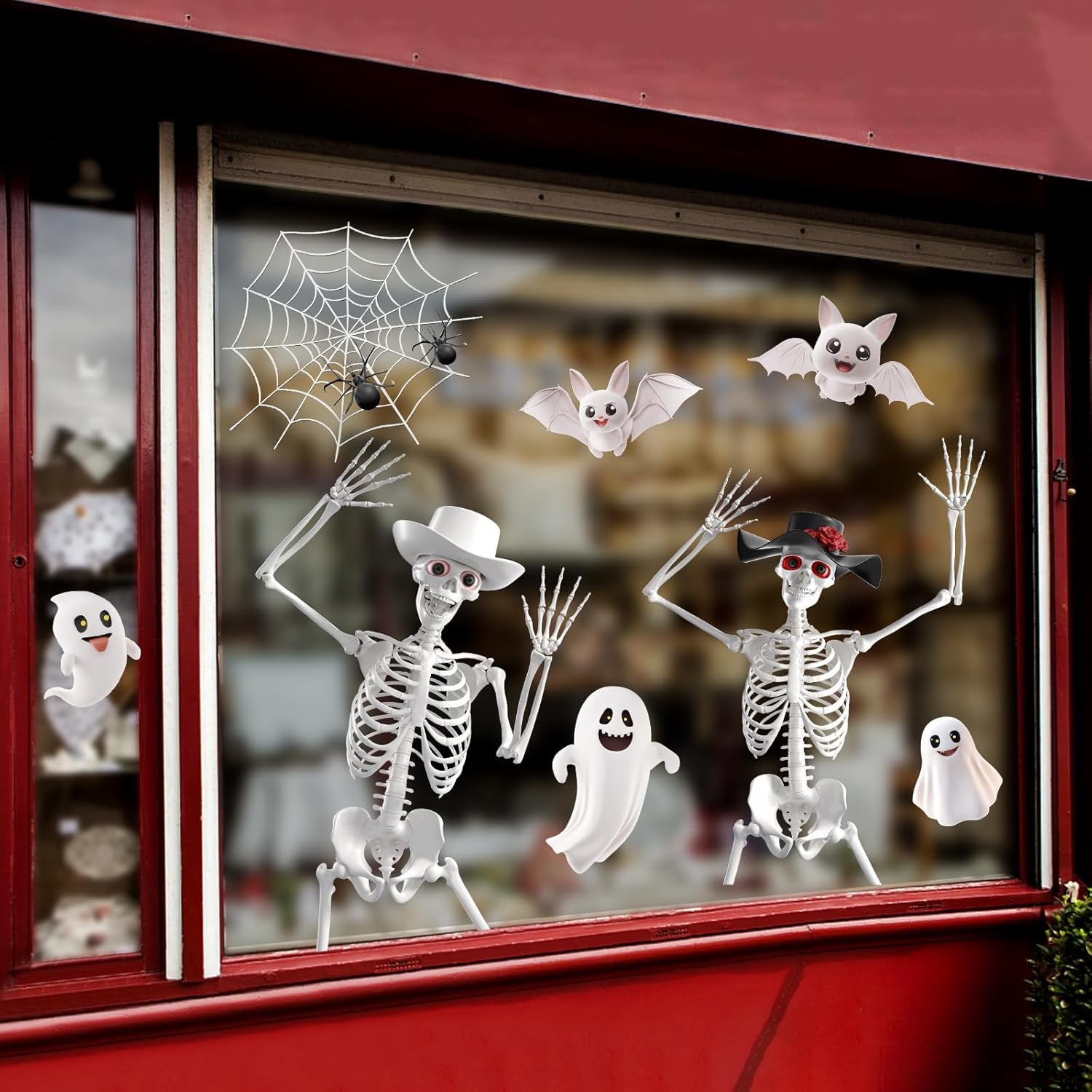 60 Feuilles Stickers Fenêtre Halloween 3D Extra-Larges, Fantômes Chauves-souris et Squelettes, Déco Vitre Maison Magasin Fête Halloween - 6