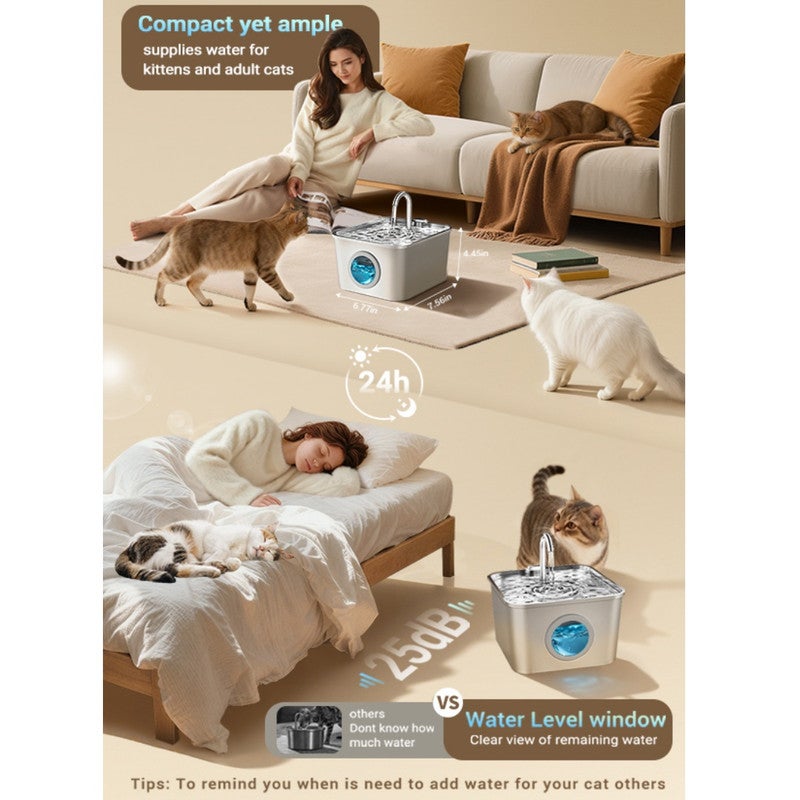 Acier inoxydable Fontaine à eau pour animaux de 2,6 L avec filtration 3 étages, chrome,avec réservoir transparent + 3 filtres + 3 mousses + 1 brosse - 9