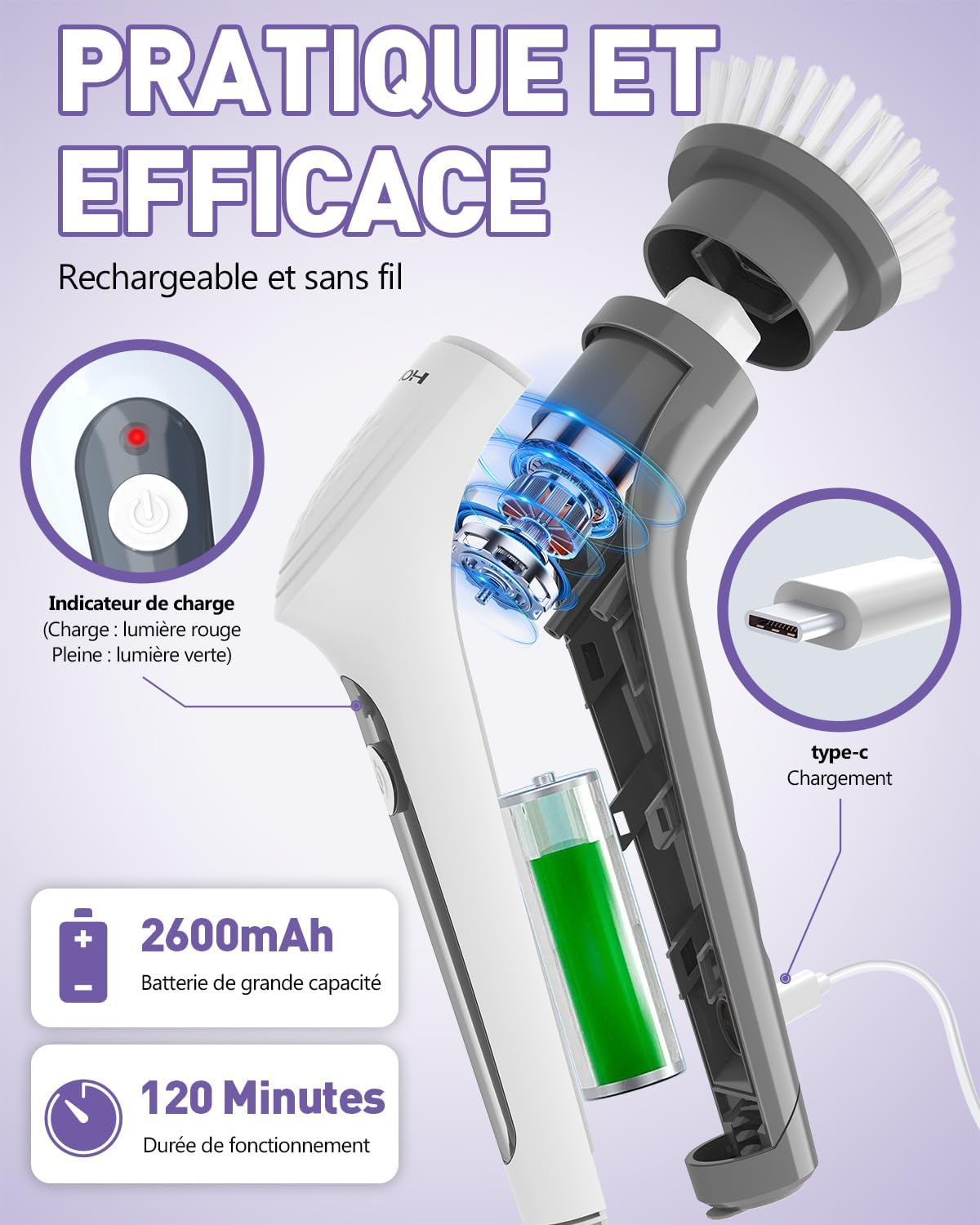 Brosse de nettoyage électrique, brosse de nettoyage rotative rechargeable, autolaveuse électrique avec baguette télescopique et 6 têtes de brosse - 3