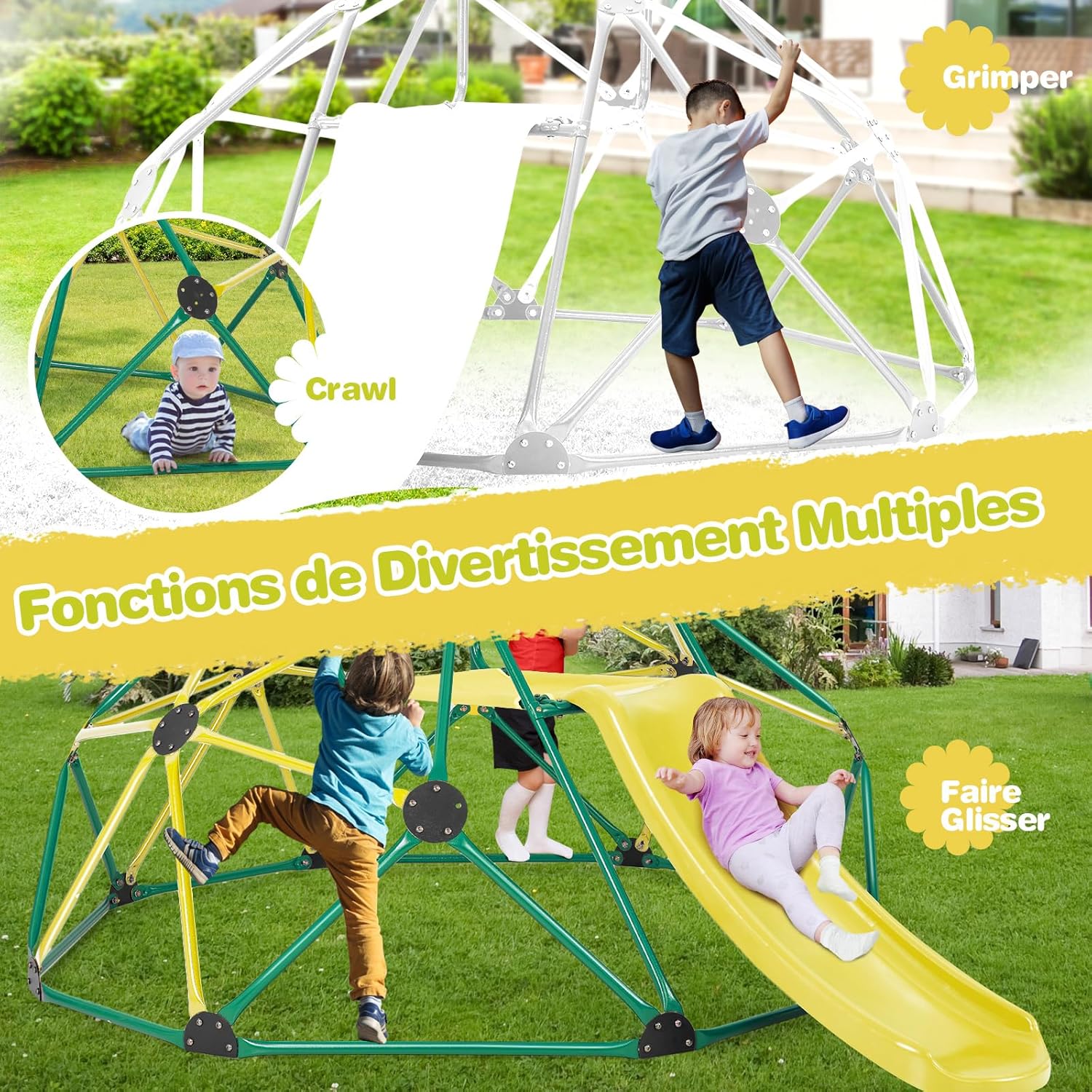 Conjunto de cúpula de escalada e escorrega 2 em 1, escada de escalada geométrica em metal estável com capacidade para 150 kg, parque infantil (verde e - 3