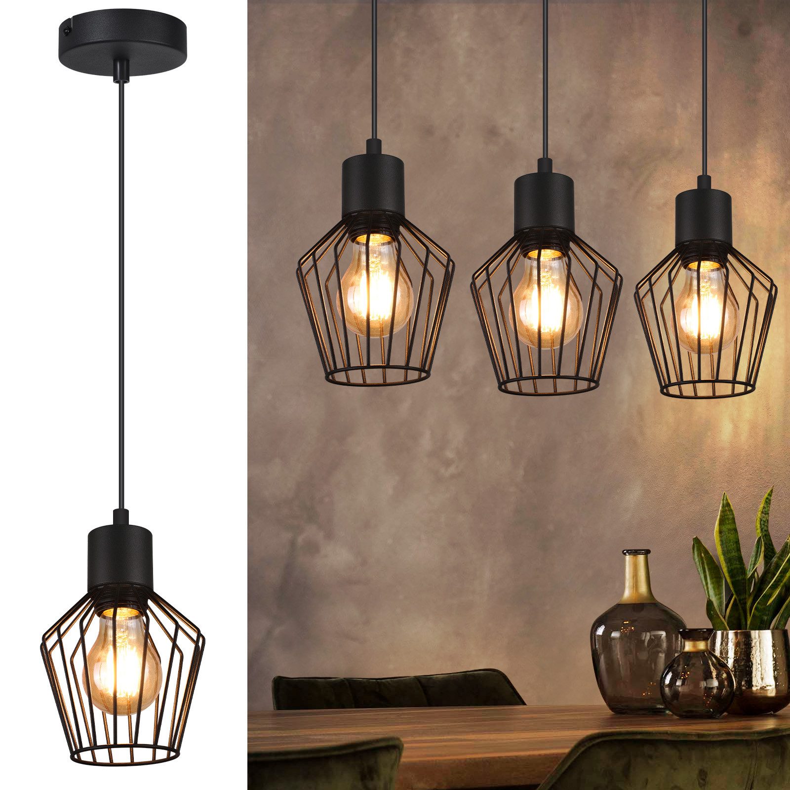 ZMH Lampa wisząca do jadalni, czarna, lampa wisząca E27, 1 płomień, metal