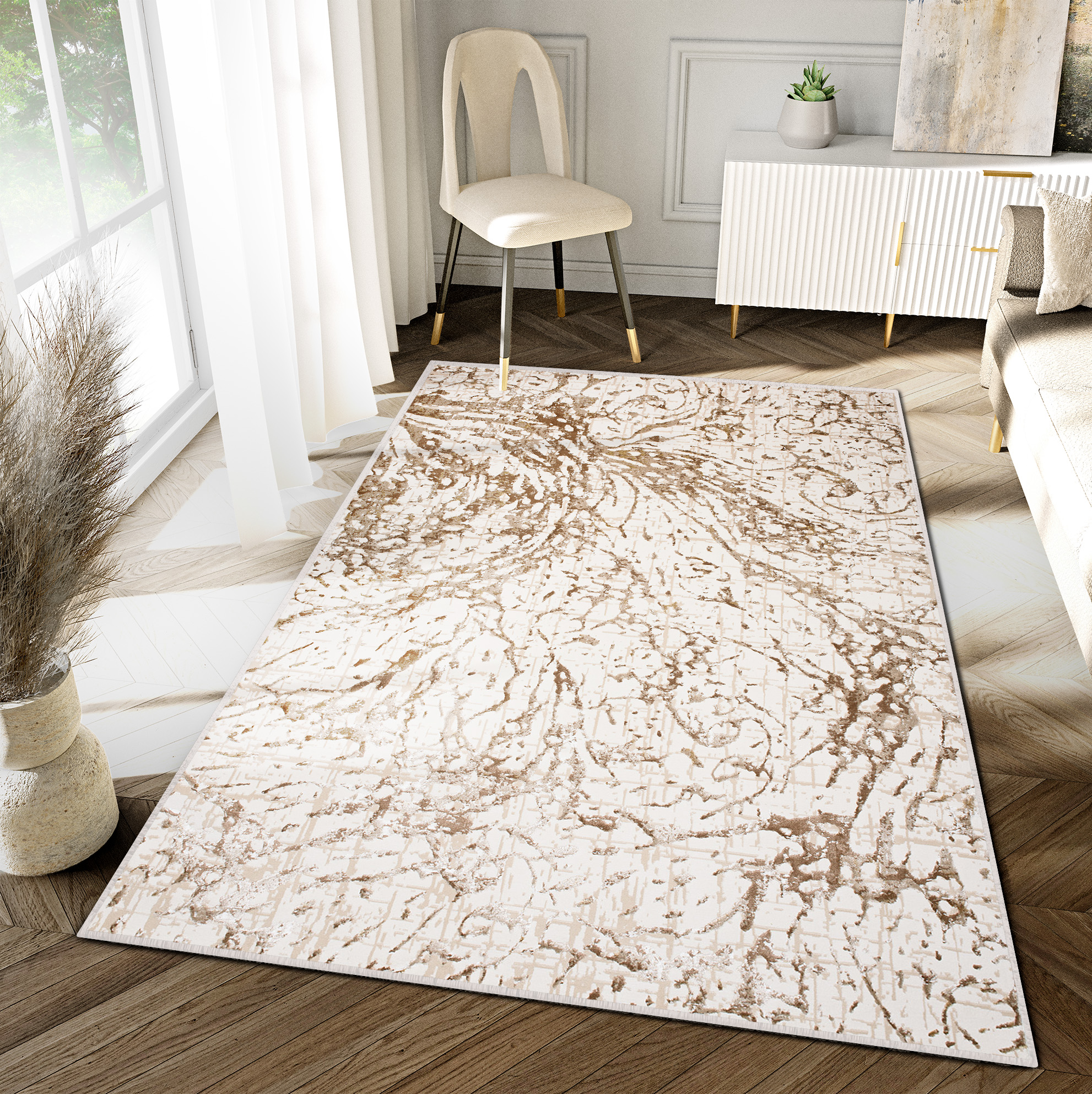 Tapiso hera alfombra de pelo corto brillante efecto 3d crema beige marrón diseño moderno abstracto oeko-tex 80 x 150 cm