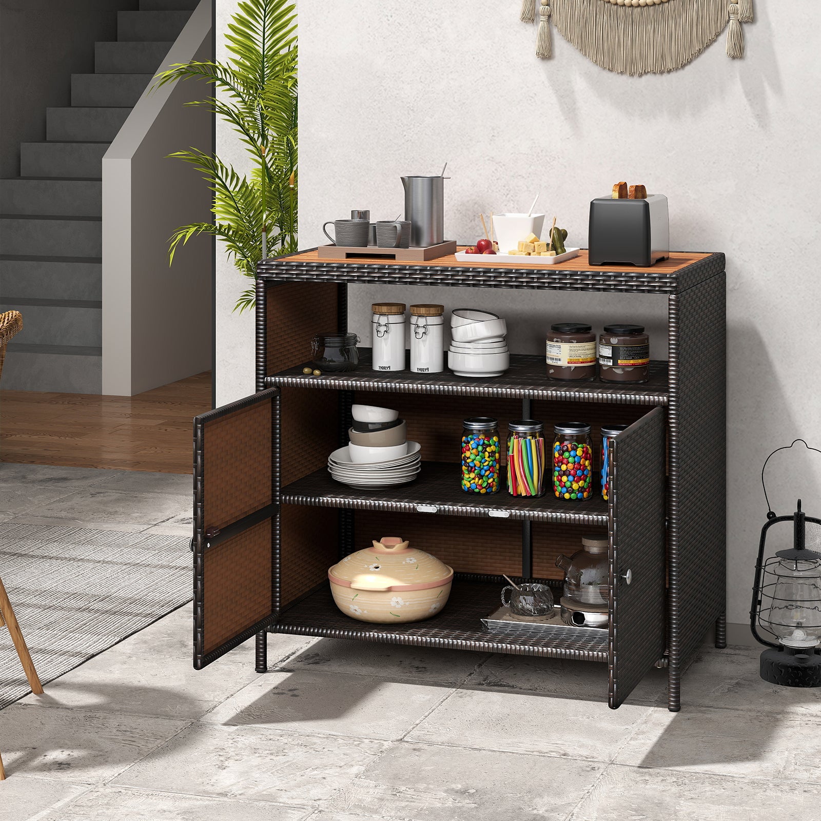 Armoire de Rangement Exterieur en Rotin, Armoire de Jardin avec Plateau en Bois d'Acacia Compartiment Ouvert Buffet à 2 Portes, Marron - 9