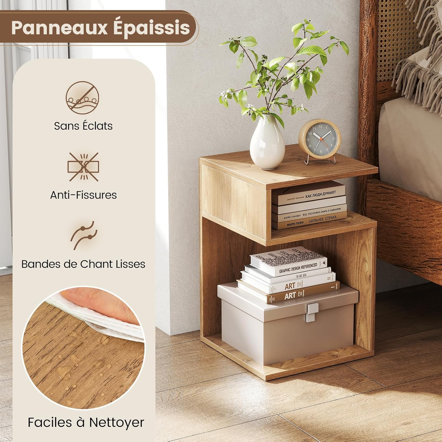 Table d'Appoint en Forme S, Bout de Canapé Salon avec 2 Casiers Ouverts, 3 Étagères Design Géométrique Compacte,pour Salon, Chambre, Naturel - 6