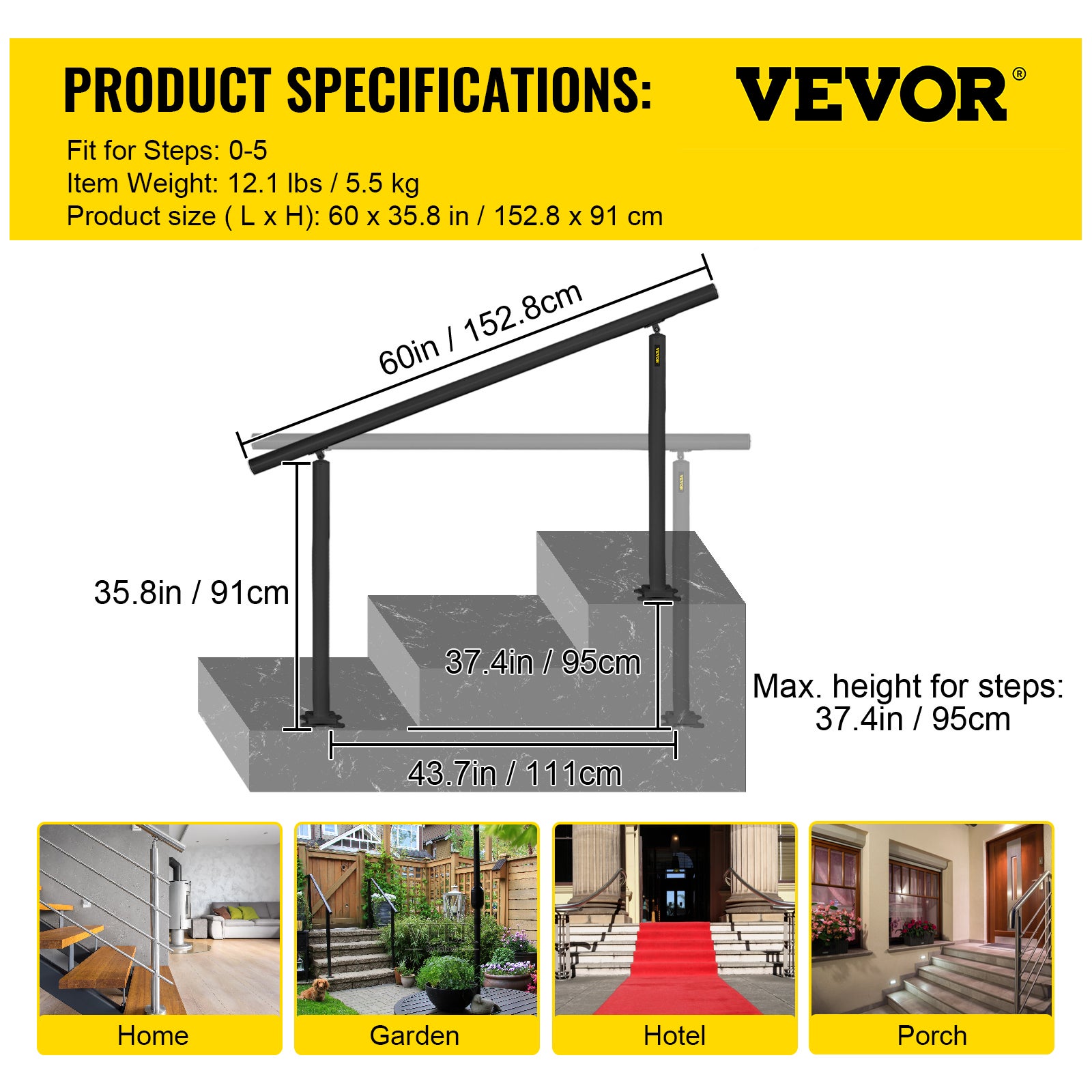 Main Courante d’Escalier VEVOR 152,8x91 cm,Aluminium Noir Robuste,0 à 5 Marches,Capacité 70 kg,Balustrade Extérieure avec Accessoires - 7