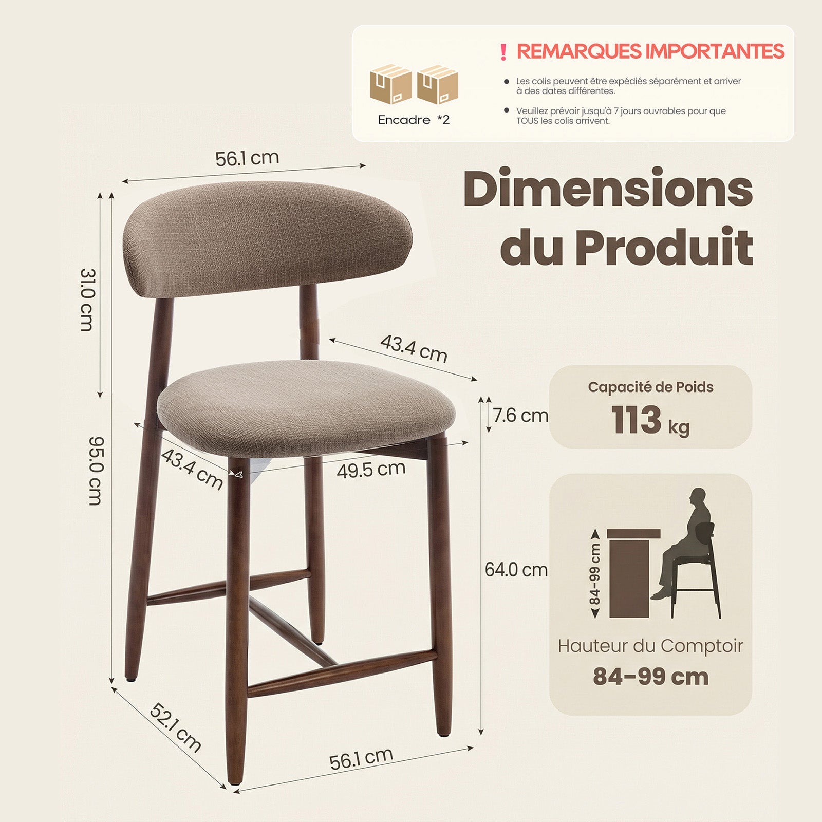 Lot de 2 Chaises de Bar Modernes, Assise Confortable en Tissu, Structure en Bois, Marron - 2