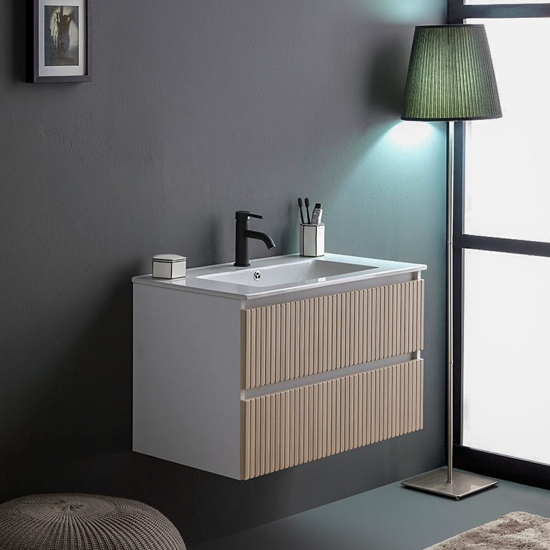 Meuble De Salle De Bains Suspendu 100Cm Avec Lavabo En Résine Blanc 60Cm, Tiroir Et Miroir Goutte - Rodi