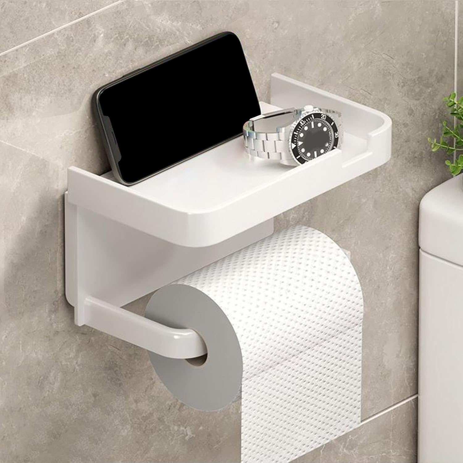 Uchwyt na papier toaletowy, dozownik ręczników papierowych w rolce, organizer łazienkowy z uchwytem na telefon, biały, 7,09 x 4,41 cala - 4