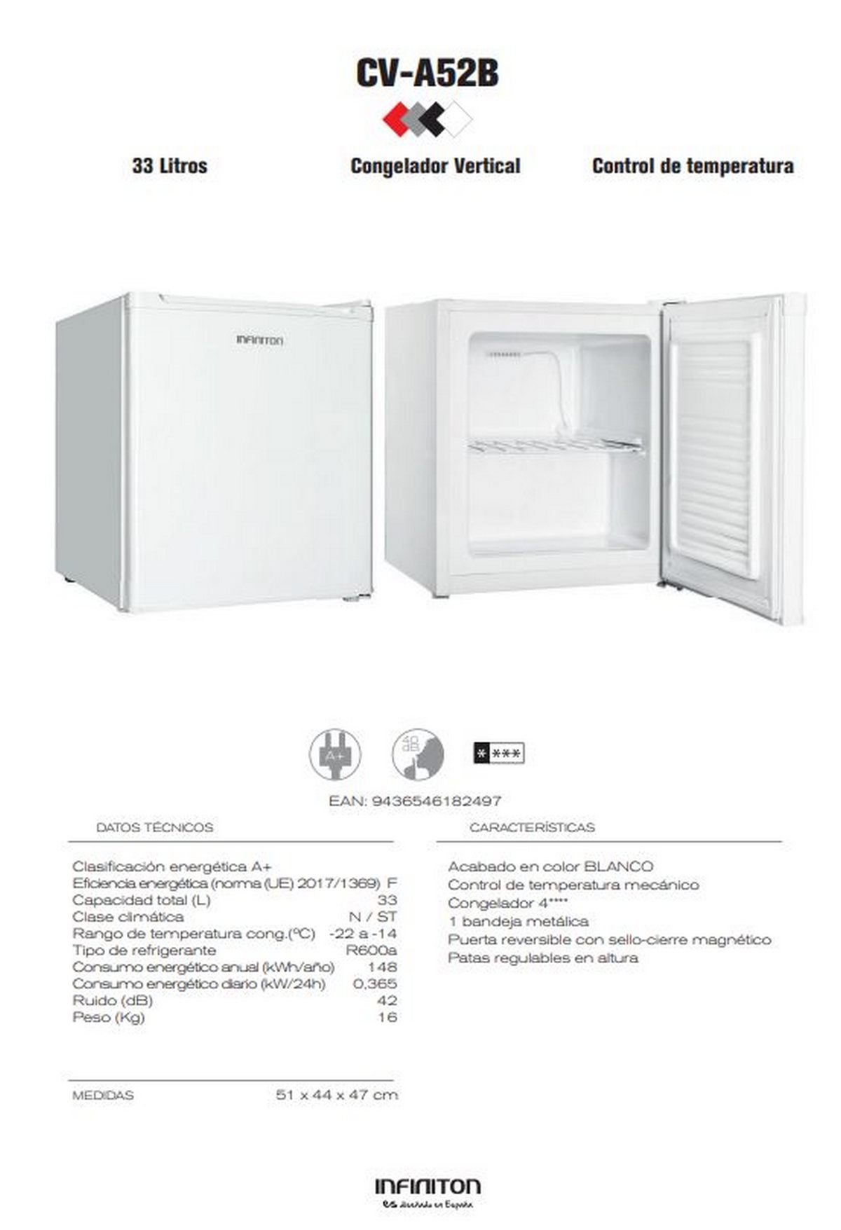 Congelador Vertical Infiniton CV-A52B, 33 litros, 51cm , Ciclico, E, Blanco - 3