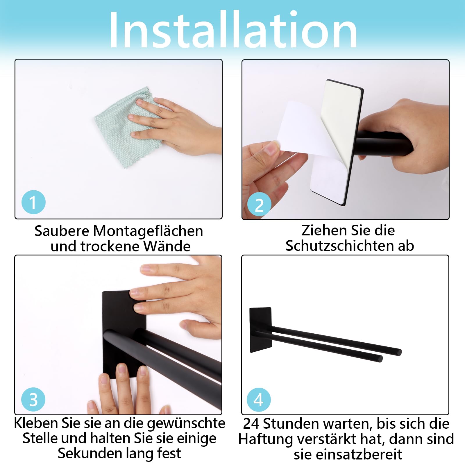 Porte-serviettes noir auto-adhésif à Double bras, en acier inoxydable 304, sans perçage, pour salle de bain, cuisine - 4