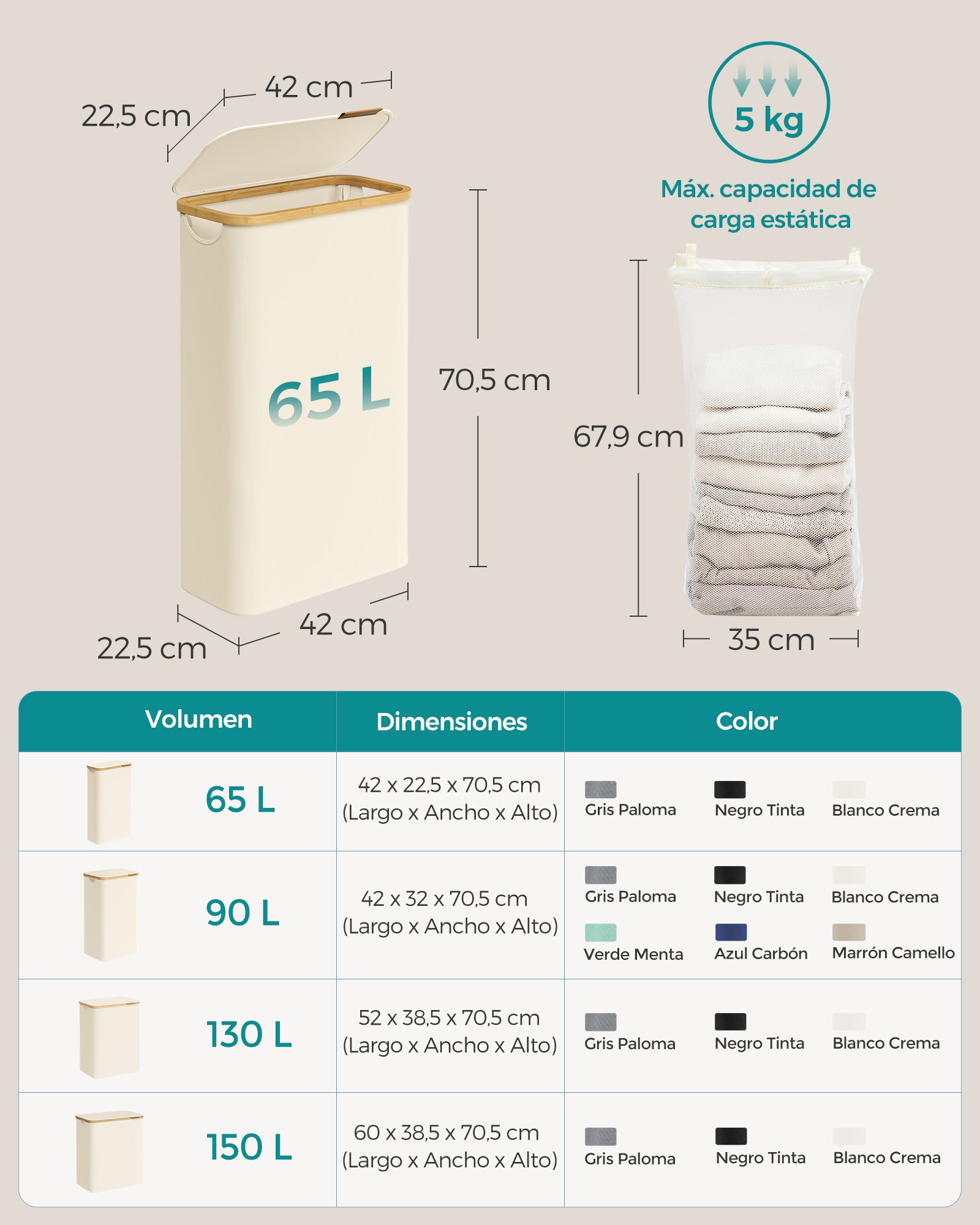 Cesto de Ropa Sucia con Tapa, 65 L, Delgada, Forro de Malla Extraíble, Asas Bambú, Plegable, 42 x 22,5 x 70,5 cm, Blanco - 6