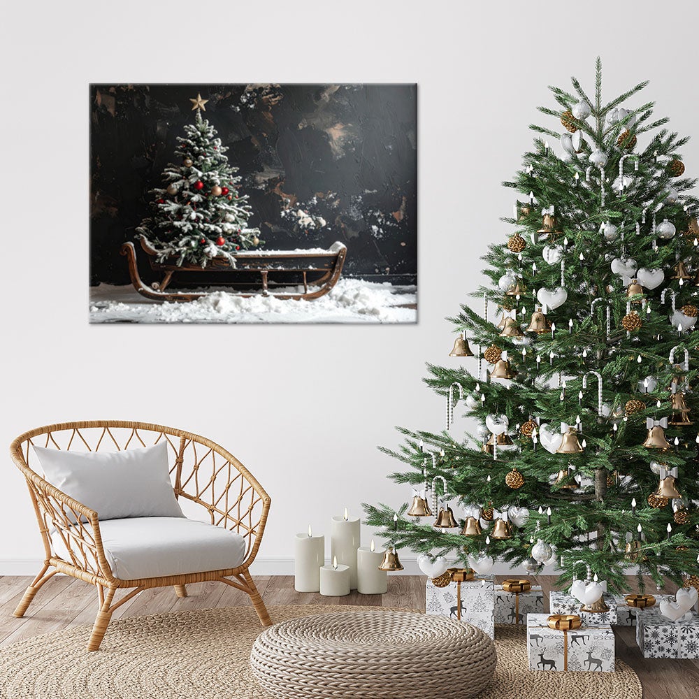 Obraz do salonu kuchni biura, Choinka boże narodzenie sanki śnieg 120x80
