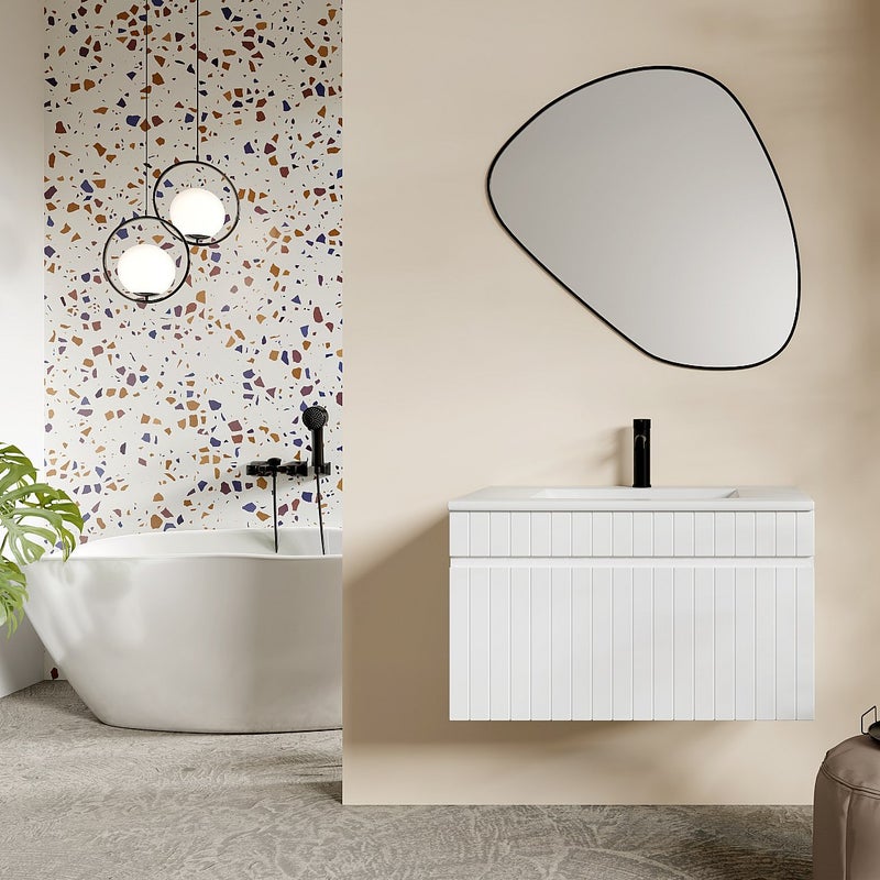 Szafka łazienkowa wisząca ryflowana biała z umywalką wpuszczaną w blat - 80 cm - SATARA