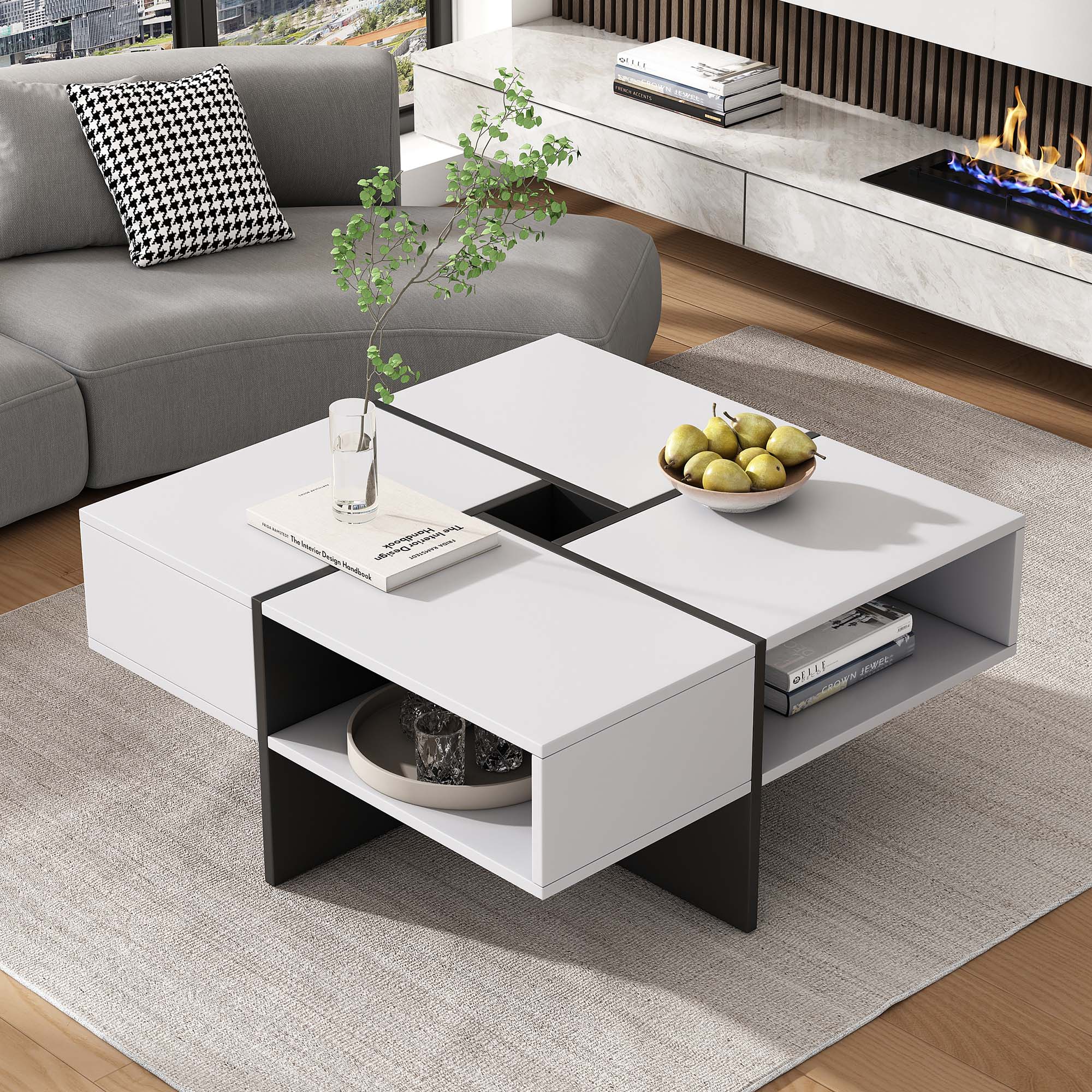 Nowoczesny kwadratowy stolik kawowy 70x70x35cm - czarno-biały design, 5 otwartych przegródek, środkowa półka 10x10cm, nośność 30KG