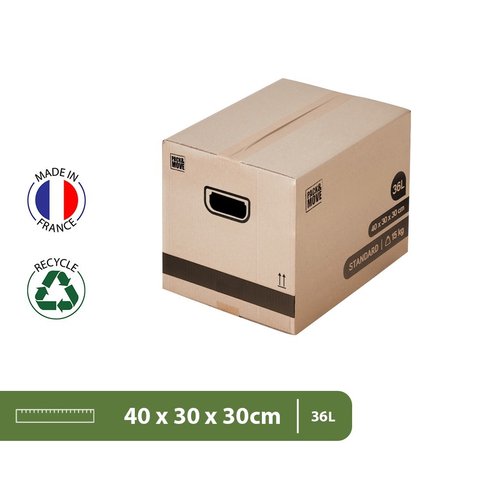 Pack and Move - Lot 50 cartons déménagement stockage livres - 40 x 30 x 30 cm - Poignées renforcées - 3 adhésifs offerts - 3