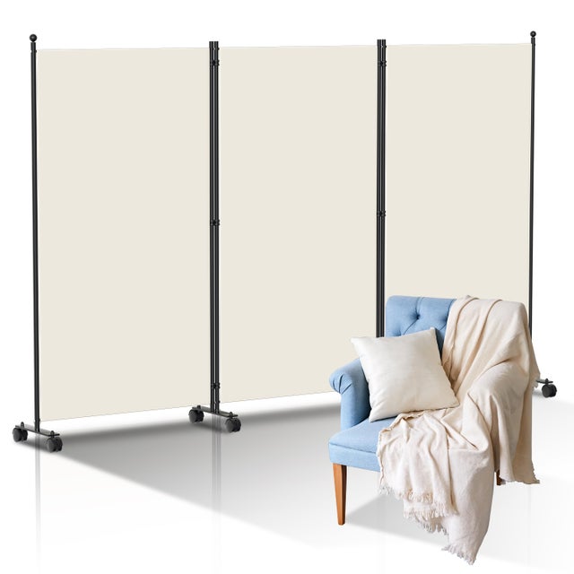 Divisória de Ambientes Dobrável com Rodas, Estrutura Metálica, Ideal para Sala de Estar, Escritório, Hospital, 3 Painéis, Bege, 263x181 cm
