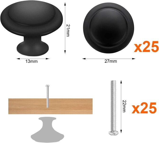 Set de 25 de mânere rotunde negre mate de 27 mm, mânere pentru sertare de bucătărie, mânere de comodă cu șuruburi 25buc