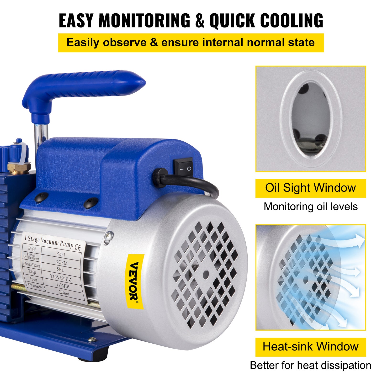 Pompa per vuoto 30V/50HZ, pompa per vuoto per refrigerazione 3CFM 1/4HP, 85L/min per Aria condizionata Pompa per vuoto ad aria elettrica per aut VEVOR - 5