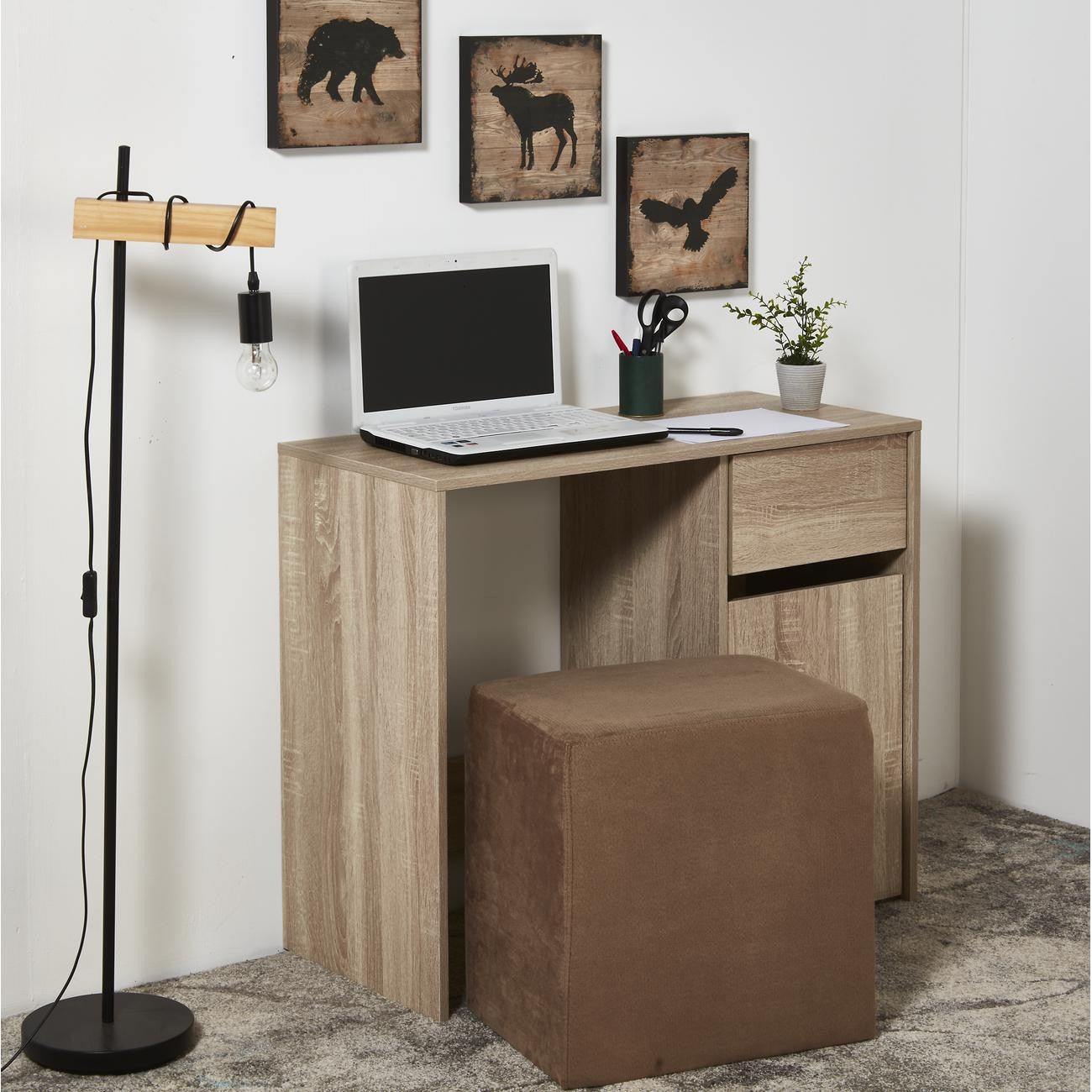 Bureau bois MDF 1 tiroir 1 porte + 1 pouf tissu Taupe - L 90 x P 40 x H 75 cm - ALICE - 8