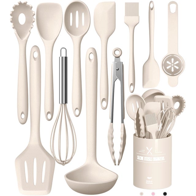 Un ensemble de 12 ustensiles de cuisine en silicone résistant à la chaleur avec un support de rangement, facile à nettoyer, kaki