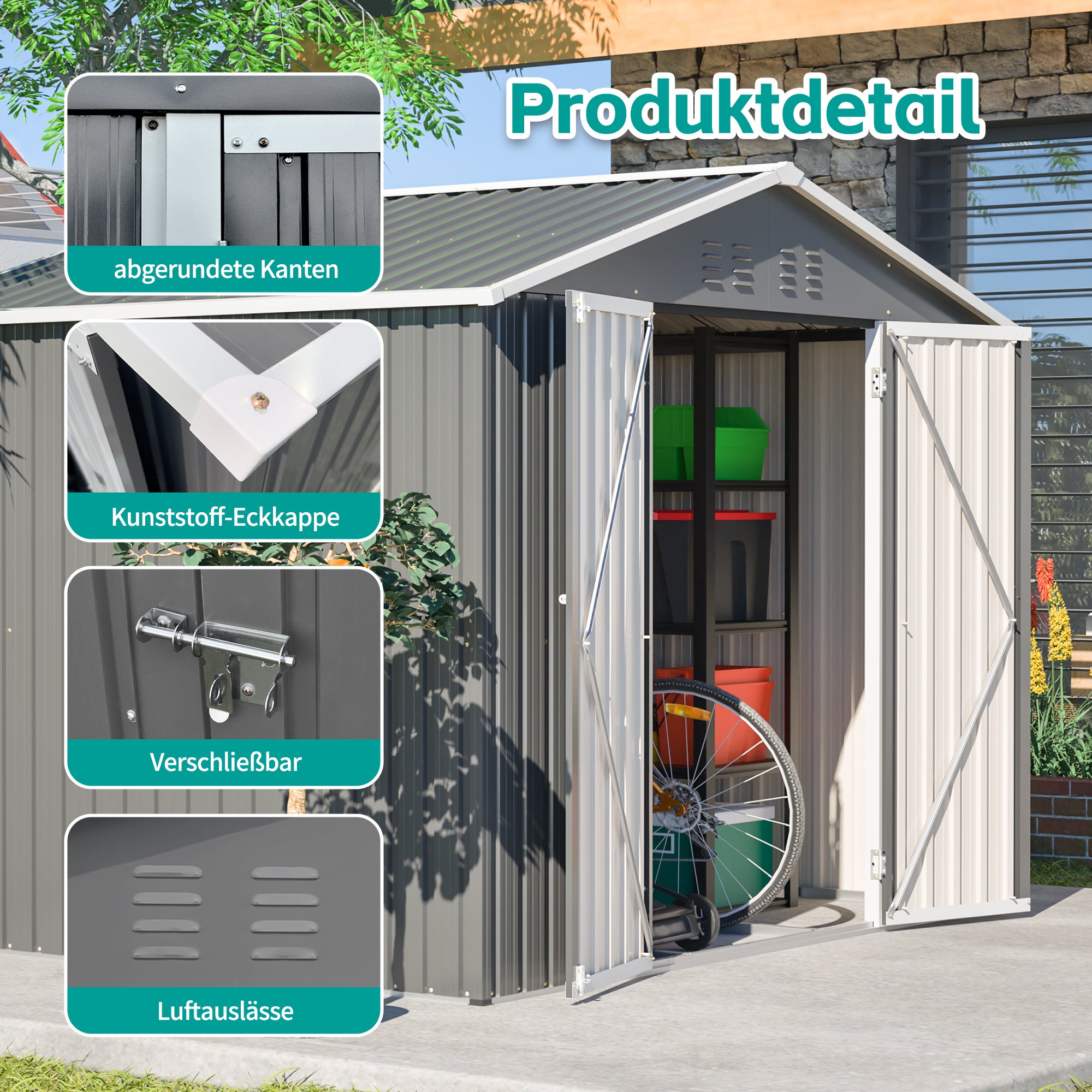 Caseta de jardín metálica con Techo 4,61 m²/240x192x191 cm, caseta para herramientas de acero galvanizado, Cobertizo Jardin Exterior - Gris antracita - 6