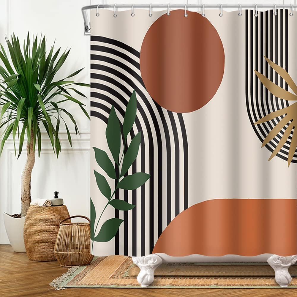 Rideau De Douche Boho 180X200 Cm, Style Boho Abstrait Moderne Carpe Koi Noire Feuilles D'Or
