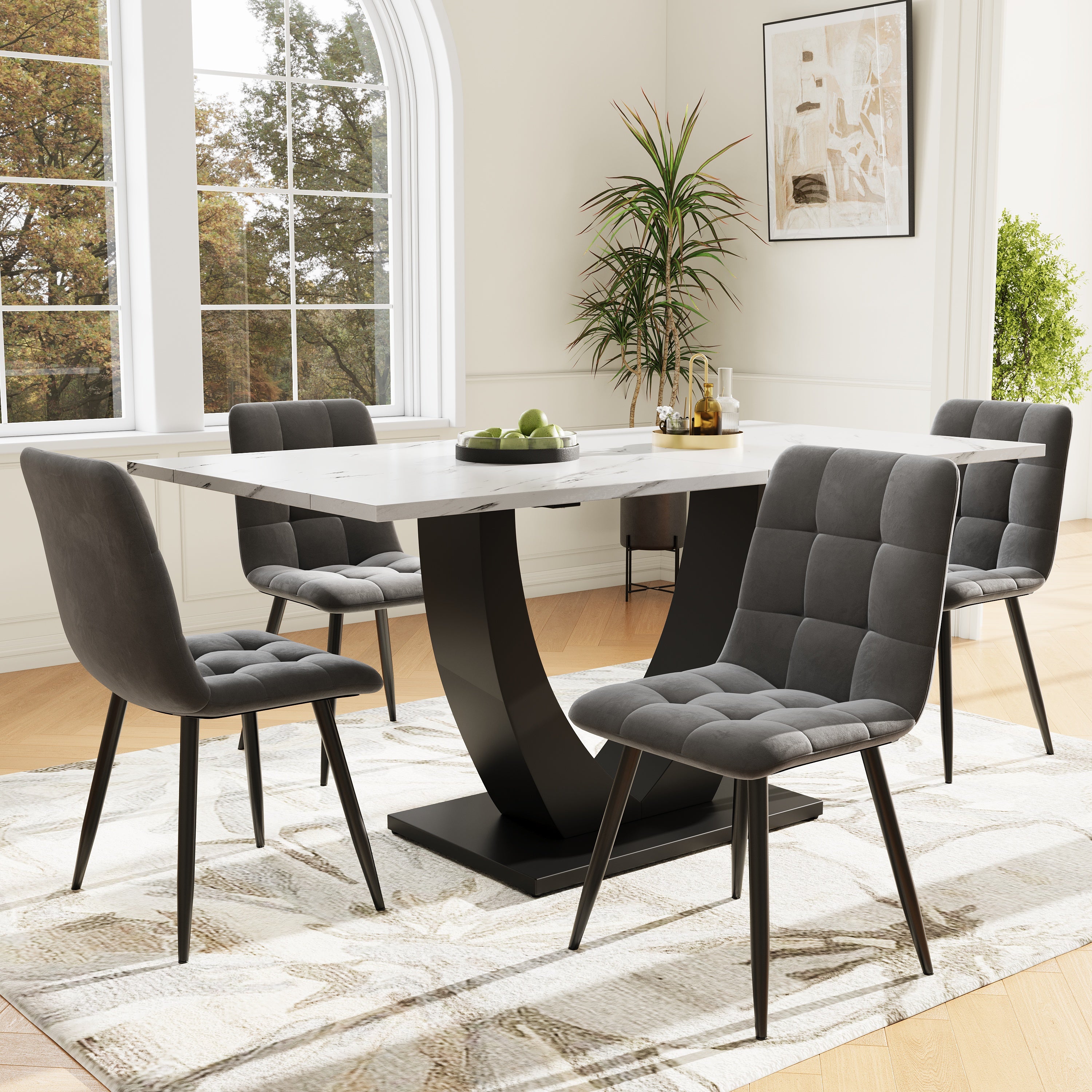 Zestaw stół jadalny Velvet i 4 krzesła - 140 x 75 x 75,5 cm - Nogi z płyty MDF i metalu - Efekt marmuru - Biały + szary