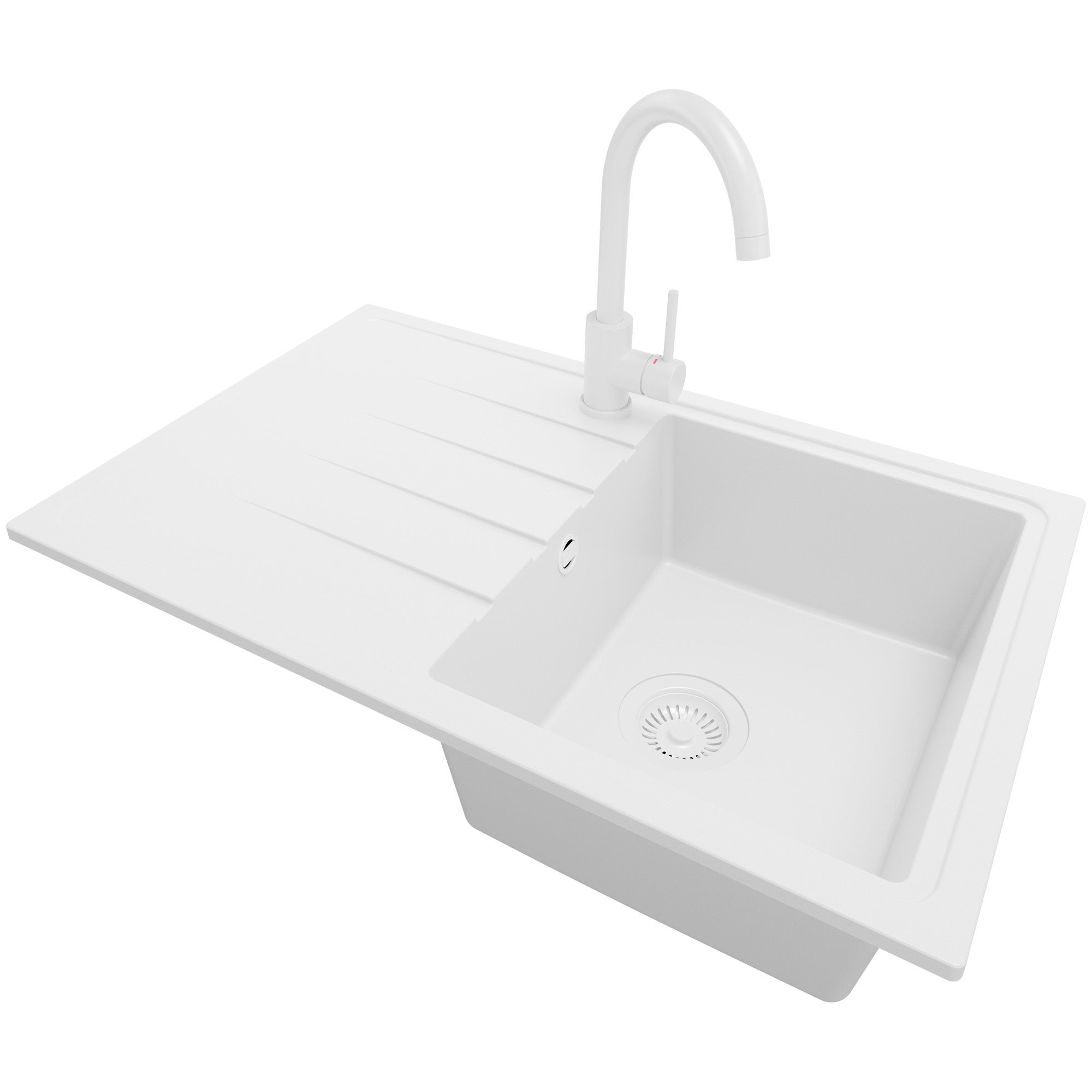 Zlewozmywak Granitowy Cały Biały 78x50cm, Zlew Kuchenny 1 Komorowy + Bateria 32x20cm + Syfon, Nablatowy do szafki od 45cm - Mediolan PRIMAGRAN