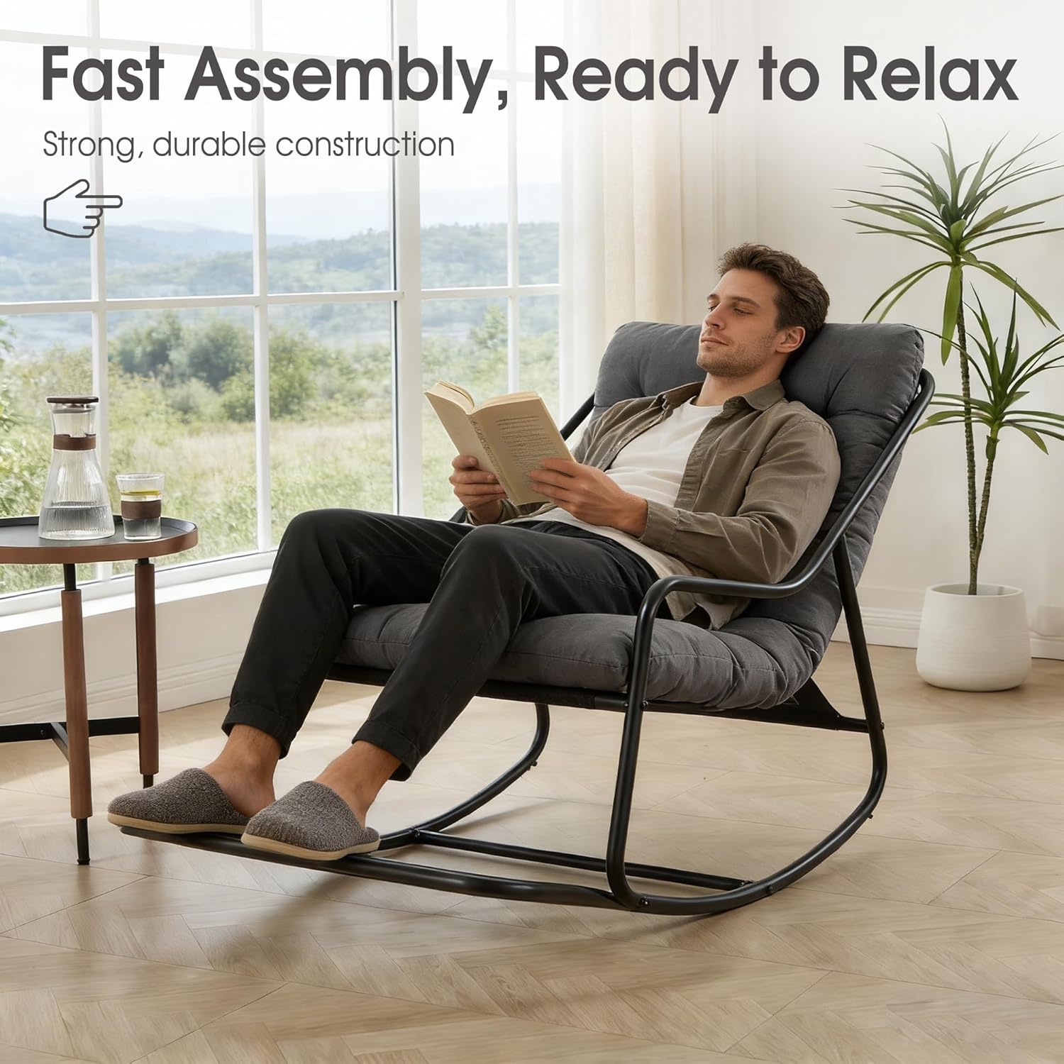 Rocking Chair Relax à Bascule avec Repose-Pieds, Coussin Velours Doux, Structure Acier Durable, Parfait pour Salon, Chambre ou Terrasse - 7