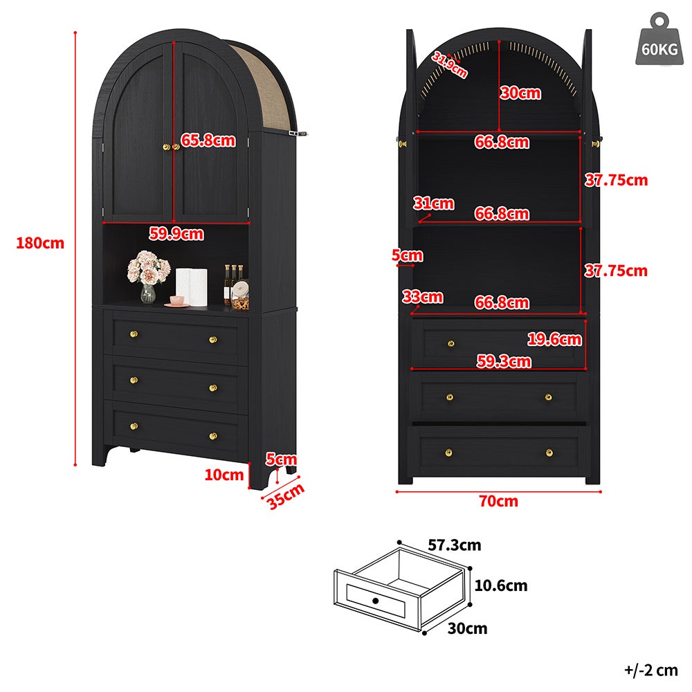 Armoire haute rangement, tiroirs/portes, étagères courbées noires, espace exposition ouvert - 3