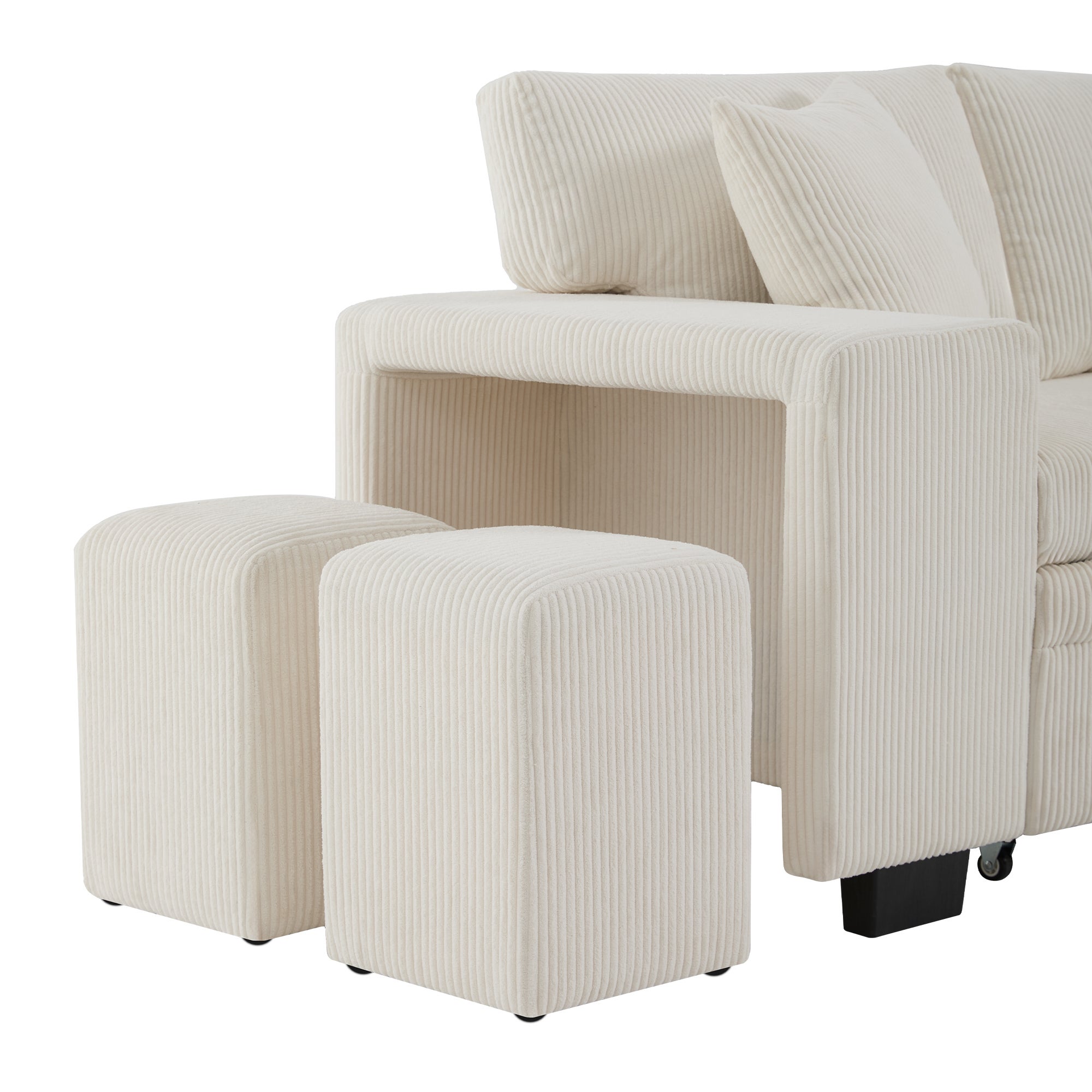 Canapé d'angle 3-4 places convertible en lit avec prise de USB et tablette latérale - 209 x 130 x 84 cm - Tissu Velours - 2 tabourets - beige - 7