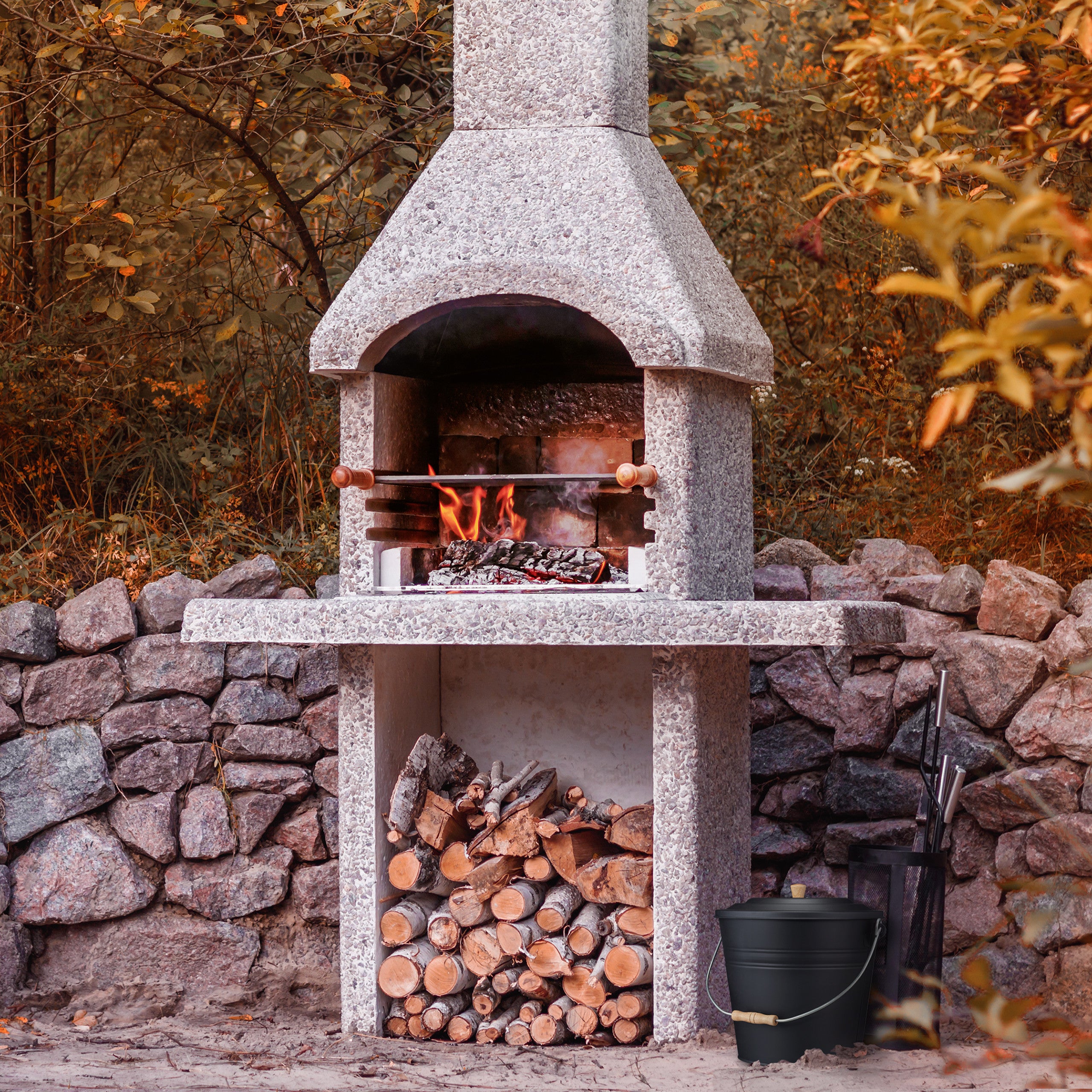 Cubo Cenizas con Tapa, 12 Litros, Accesorio Chimenea, BBQ, Acero y Madera, Contenedor Ceniza con Asa, Negro, Relaxdays - 5