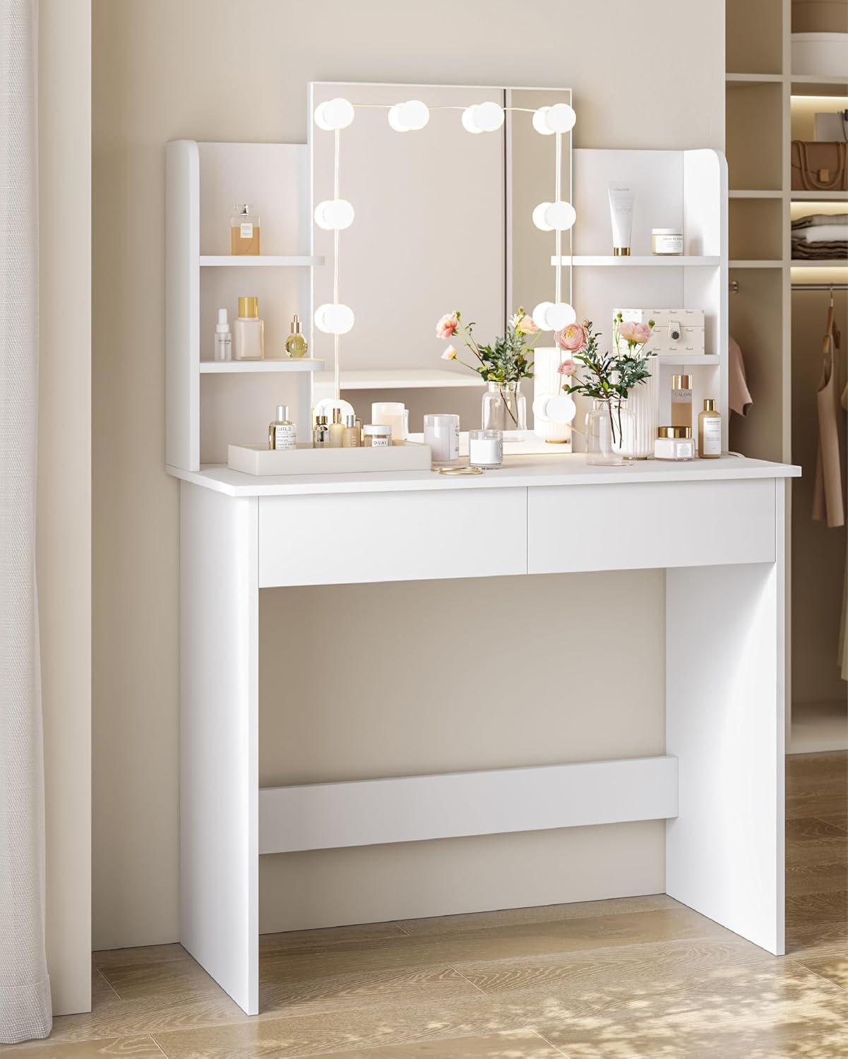 Coiffeuse avec Miroir LED à Luminosité Réglable - 2 Tiroirs et 4 Étagères de Rangement - Table de Maquillage - Blanc - WOLTU - 2