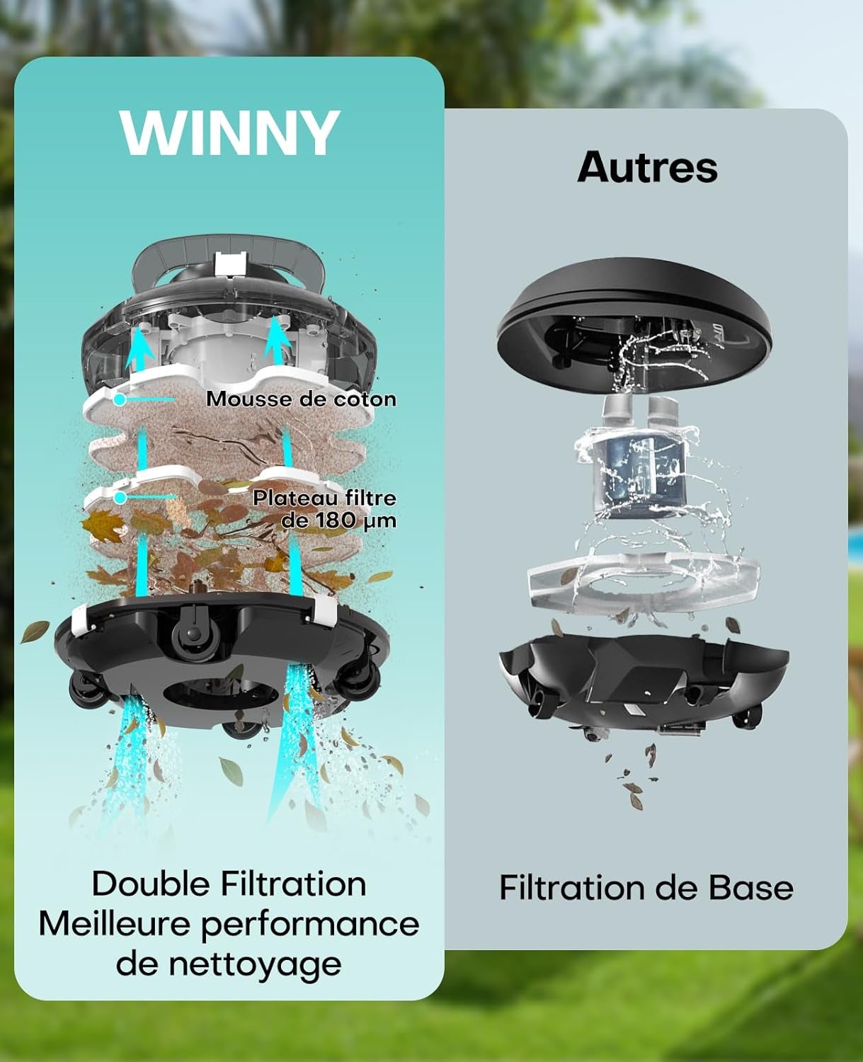 Robot de Piscine Sans Fil WINNY 200 Idéal pour Piscines Hors Sol Double Filtration, Autonomie 75 min, Léger et Compact - 3