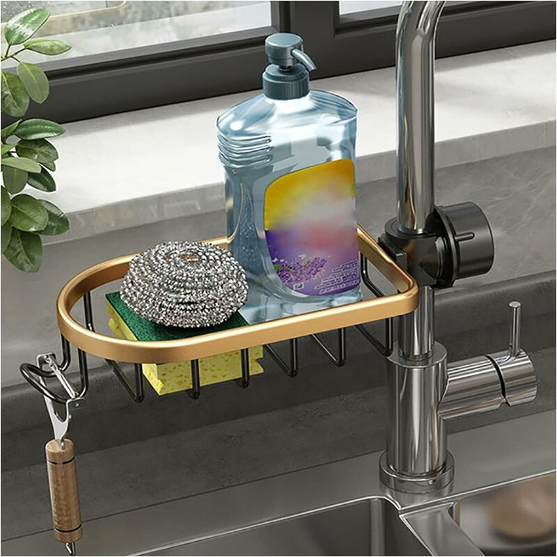 Uchwyt na gąbkę do kranu kuchennego z haczykiem, aluminiowy stojak do przechowywania zlewu, bez wiercenia, złoty