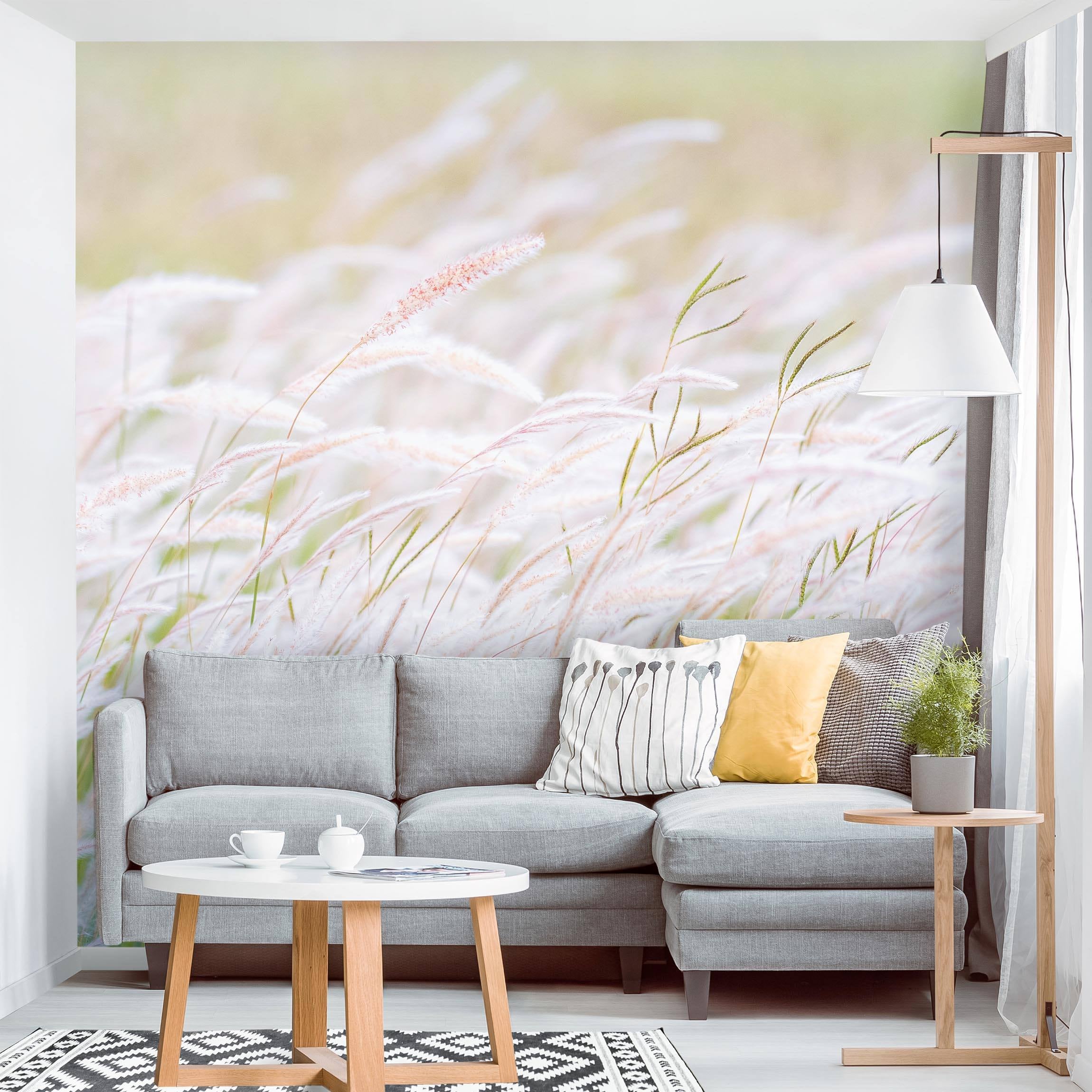 Papel pintado fotomural botánico gramíneas rústico romántico flores 276 - salón dormitorio cocina pasillo - tnt 288 x 288 cm adhesivo
